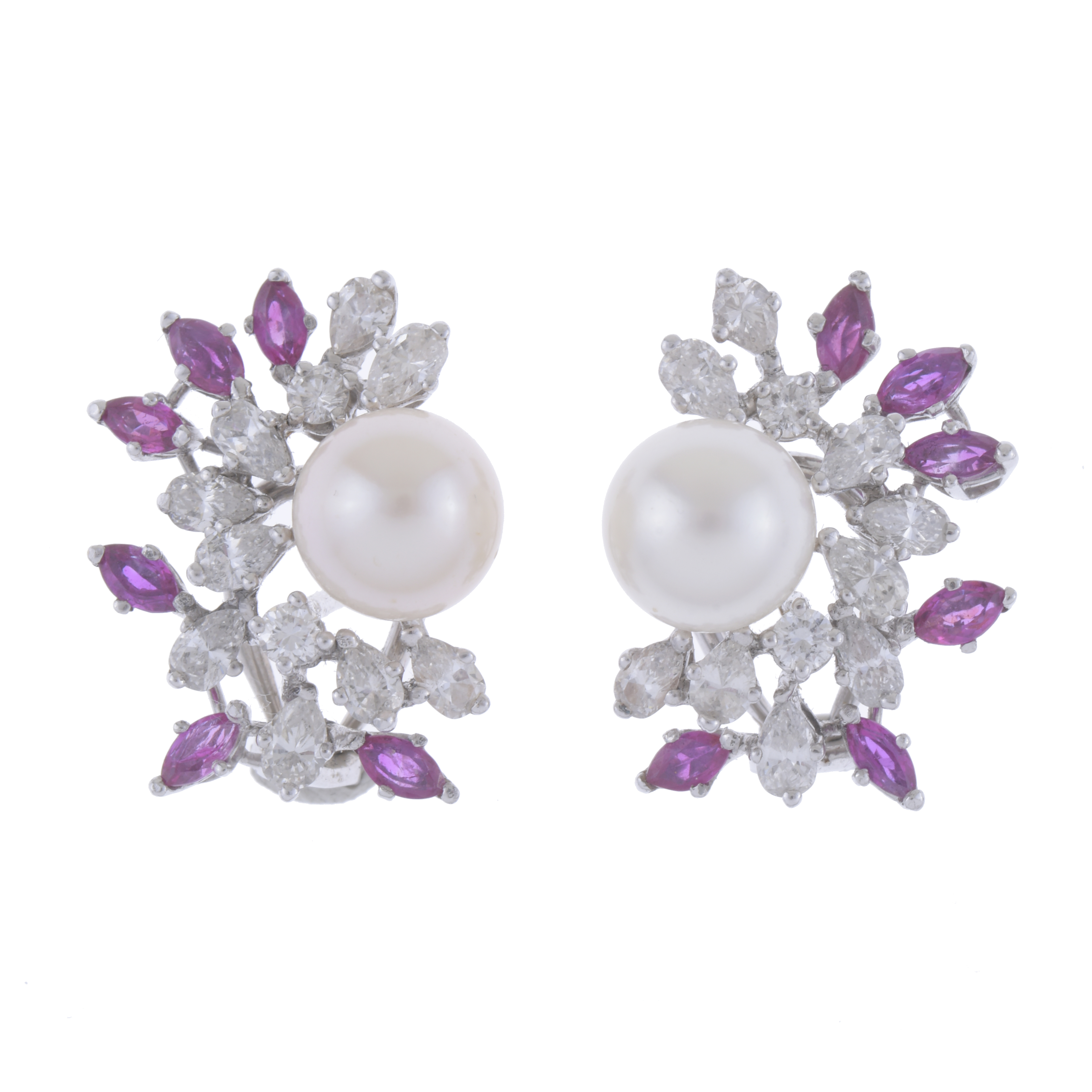 PEARLS, DIAMONDS AND RUBIES EARRINGS. CIRCA 1960