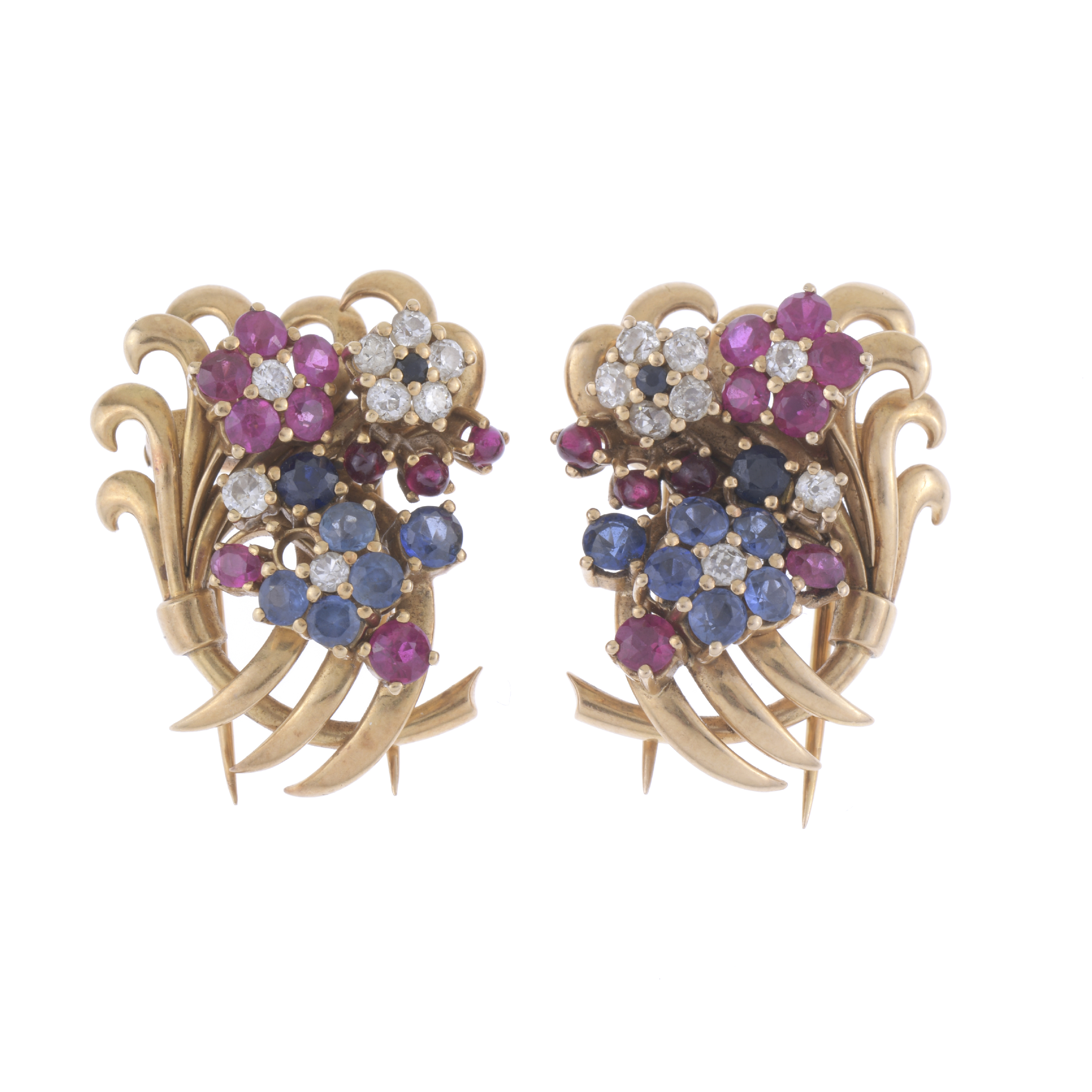 PAIR OF DIAMONDS, SAPPHIRES AND RUBIES FLORAL BROOCHES.