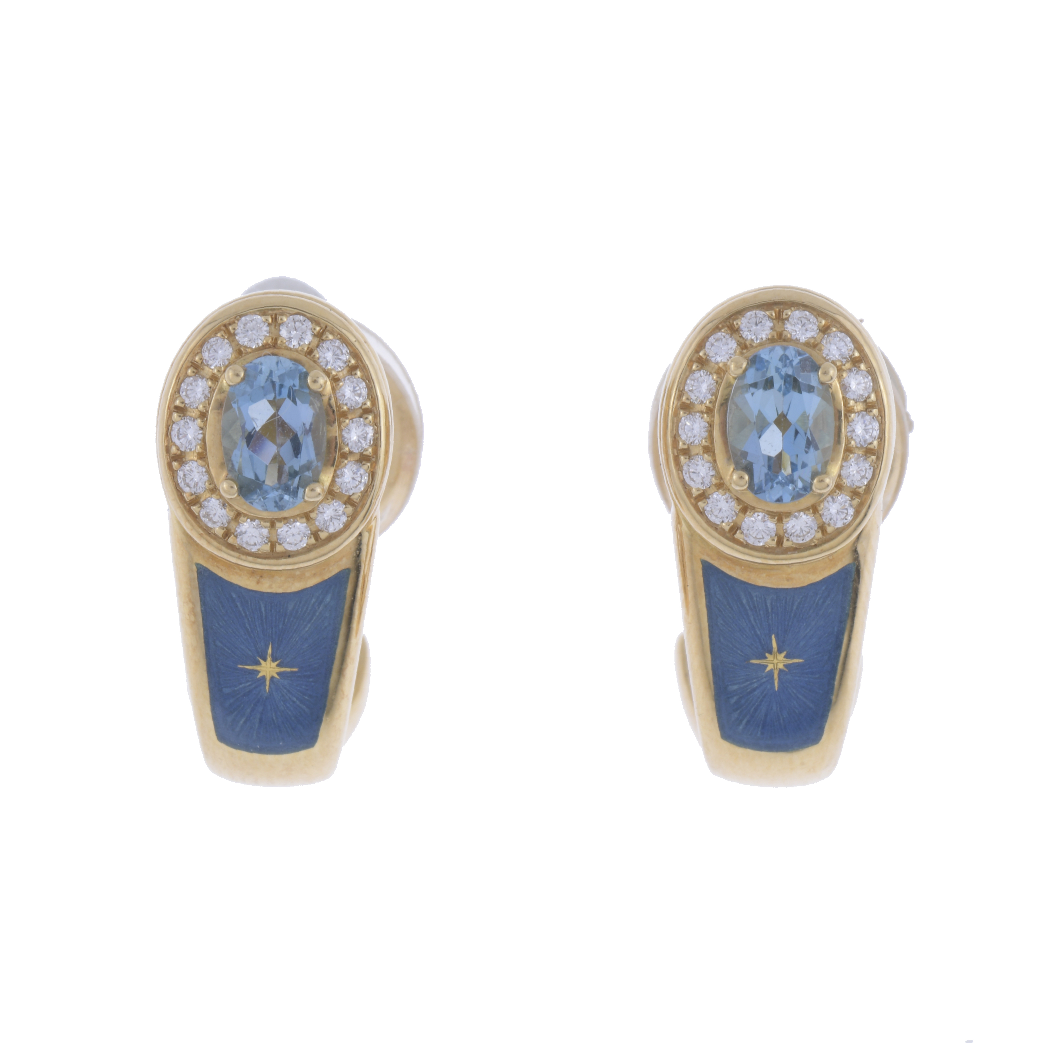 FABERGÉ EARRINGS WITH ENAMEL, AQUAMARINE BIRD&#39;S EYE AND DIA