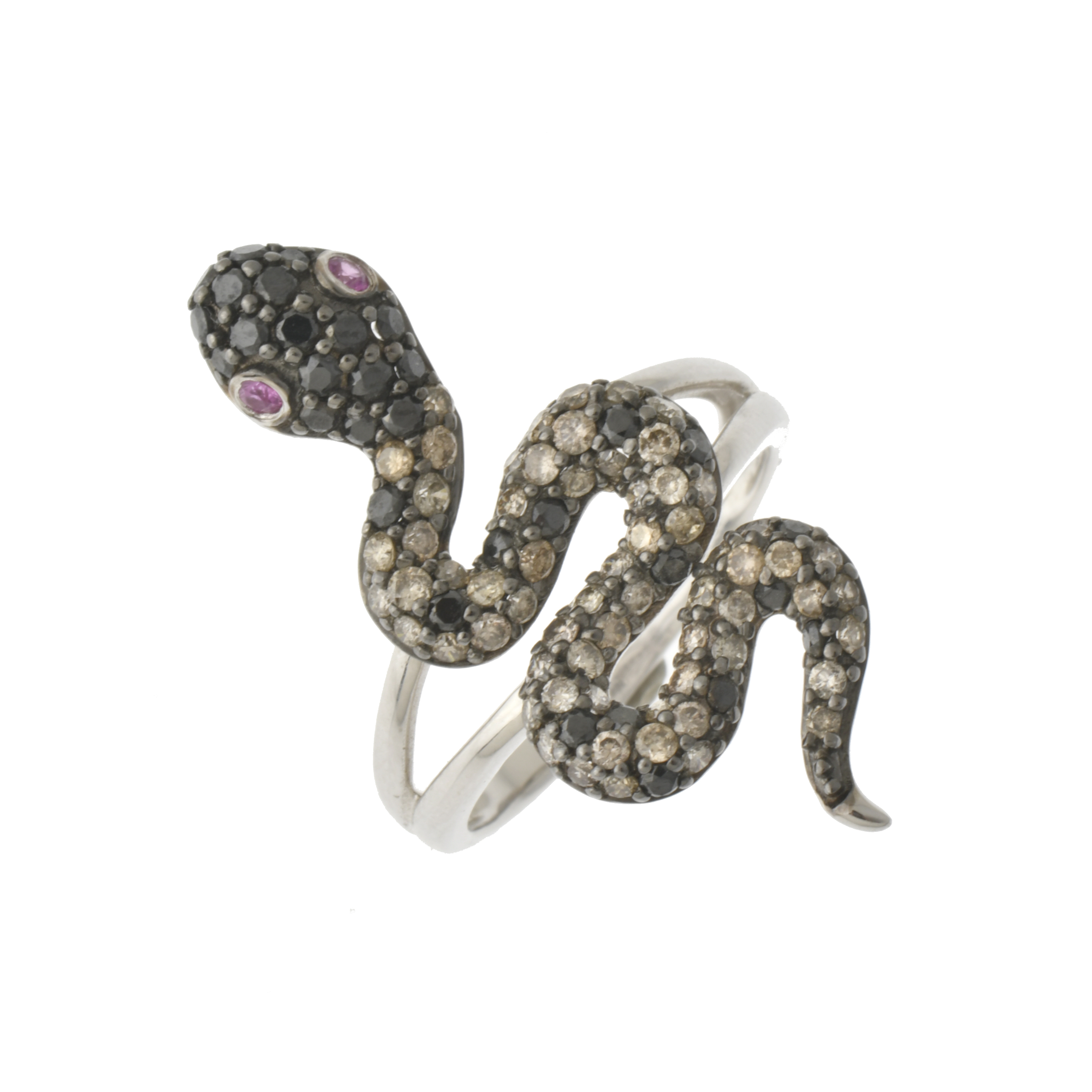 Snake-shaped ring with diamonds and rubies.