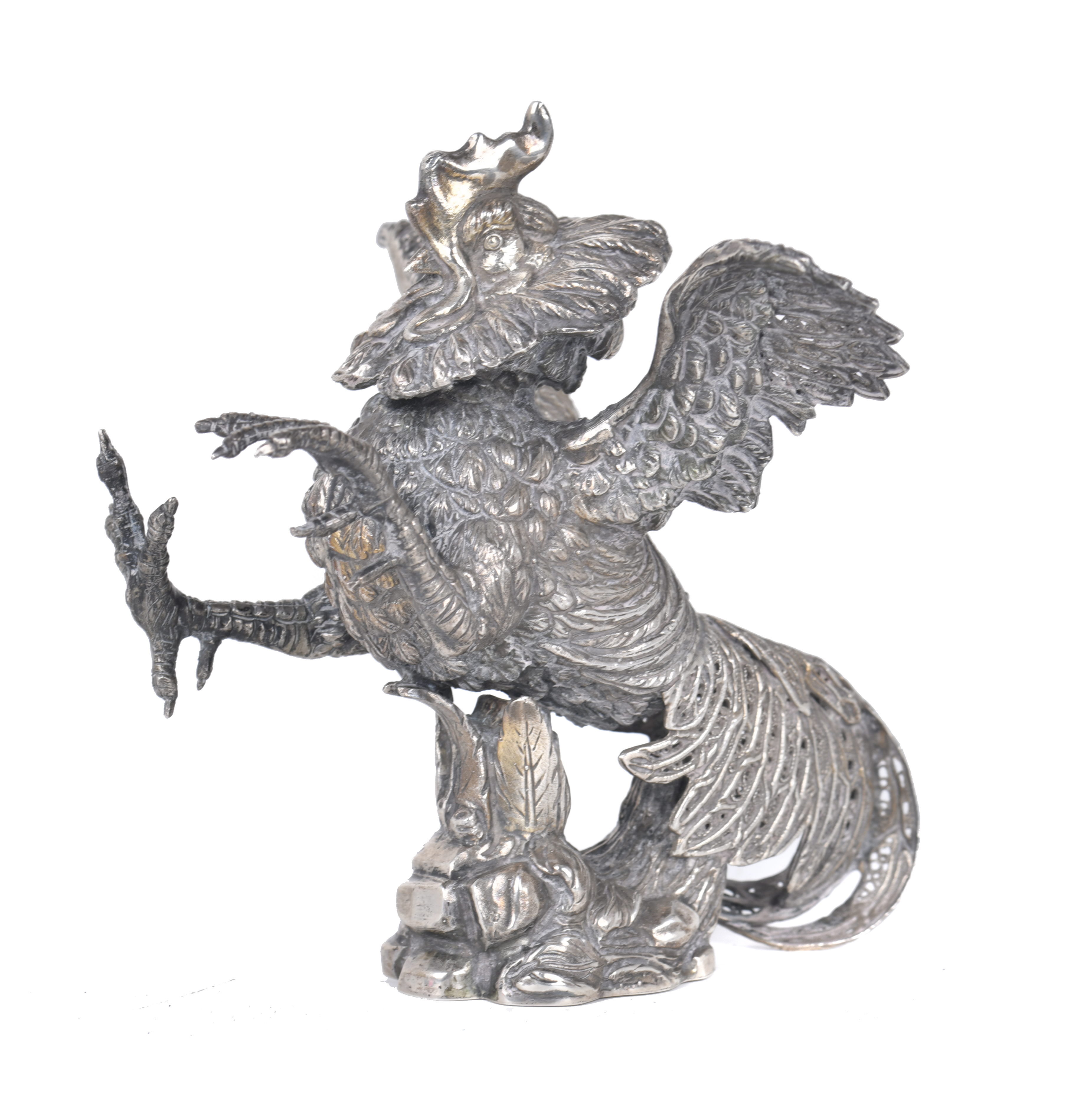 Gallo de pelea en plata, segunda mitad siglo XX.