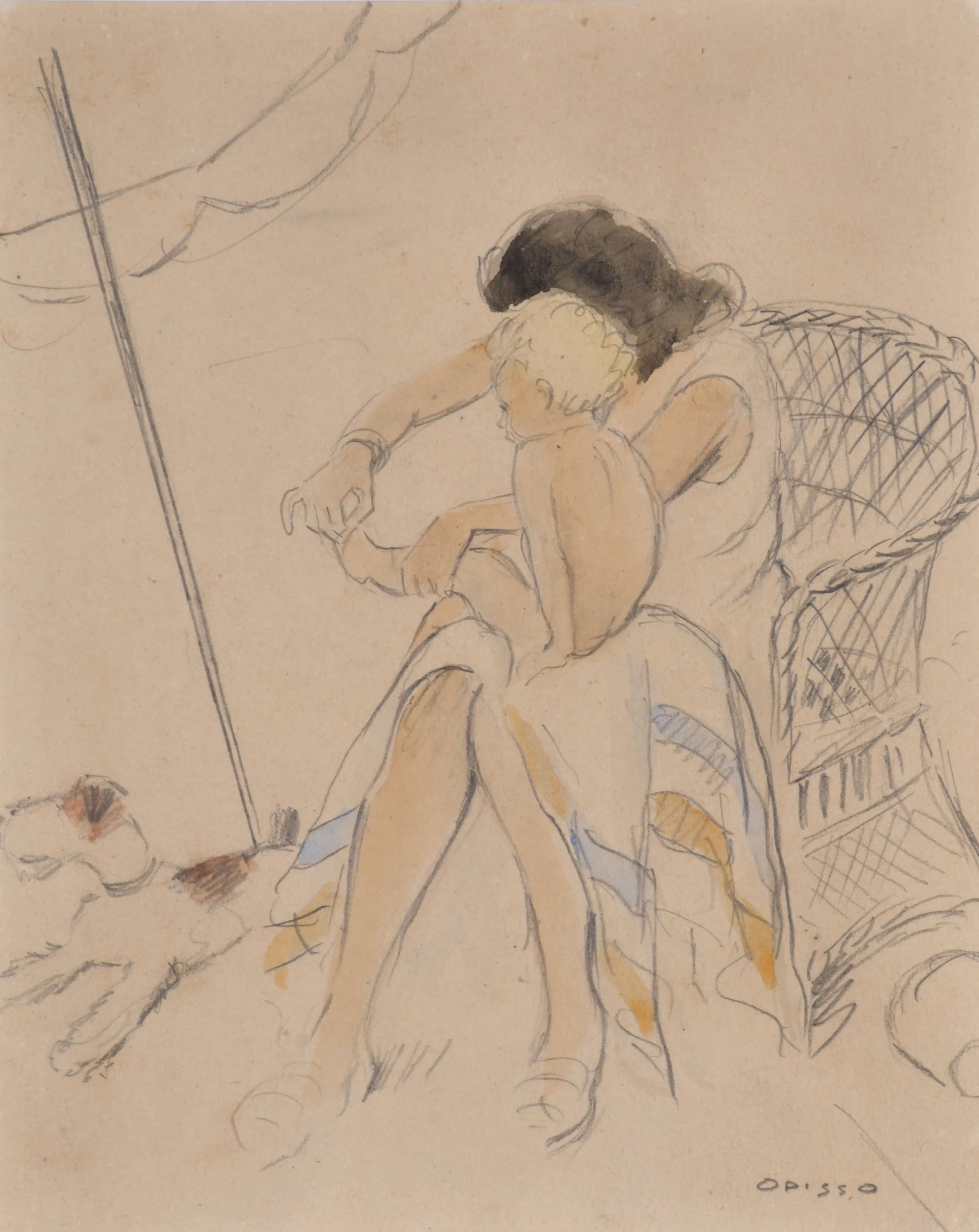 RICARD OPISSO (1880-1966). "Mother and child on the beach",