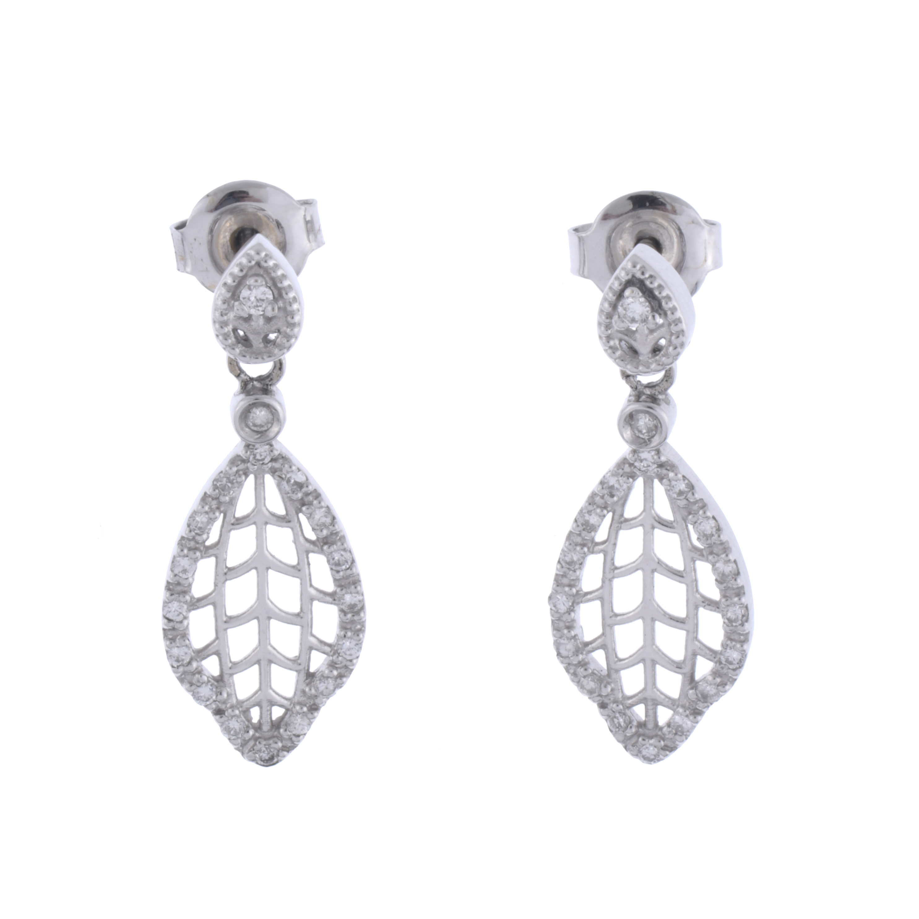 Leaf-shaped earrings with diamonds.