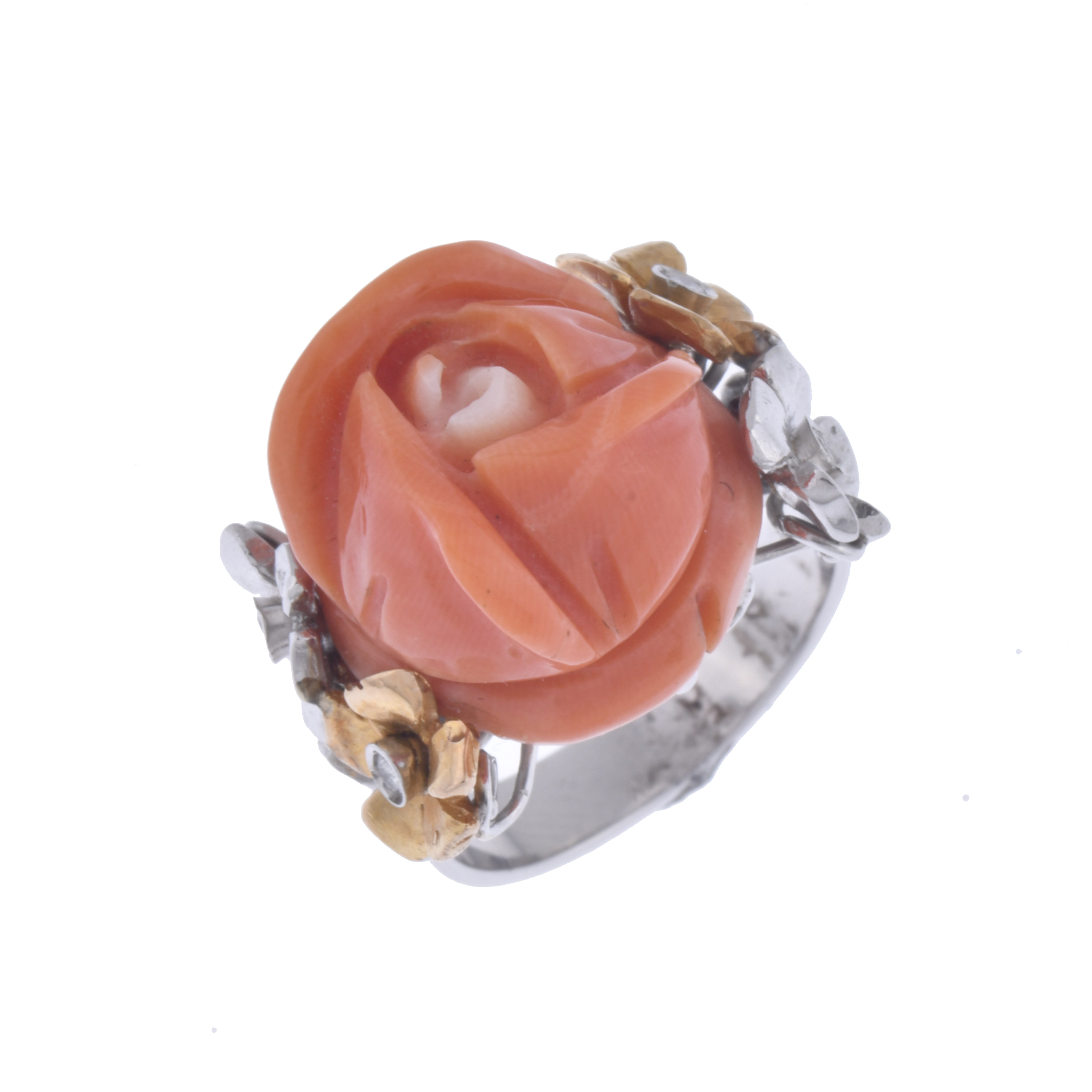Ring with rose coral flower and diamonds.