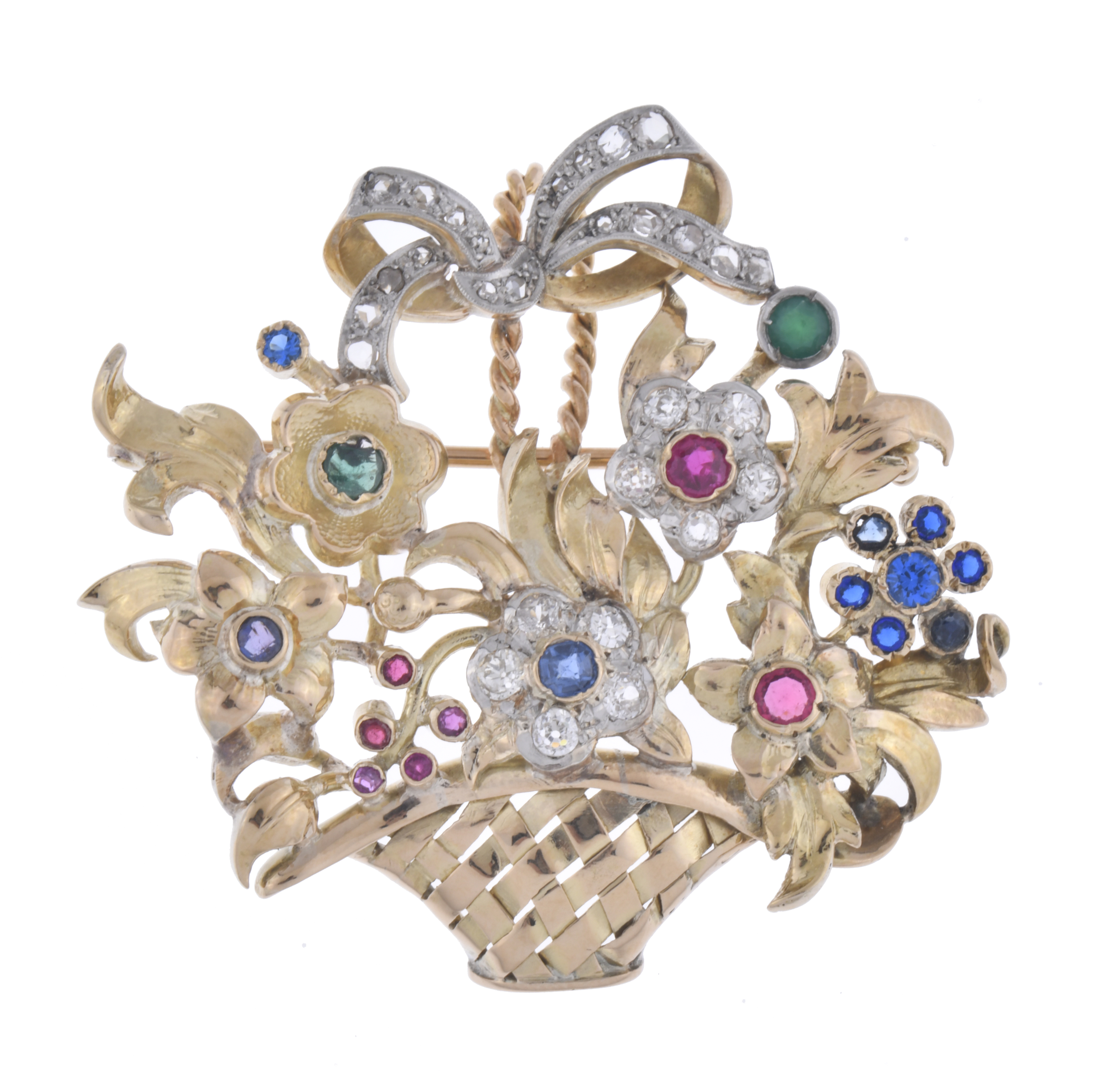 Broche en forma de cesta con flores, con diamantes y pedrer