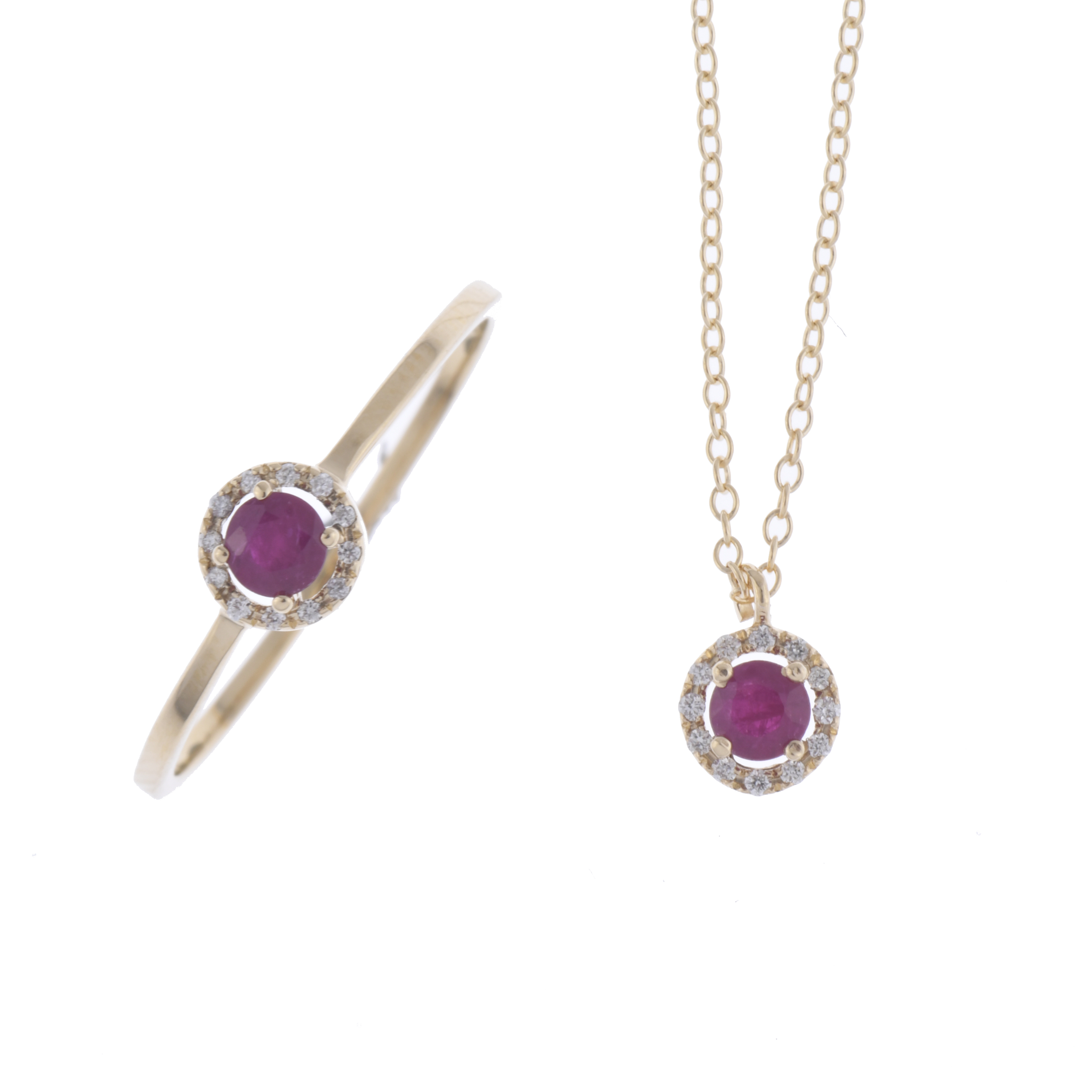 Conjunto de anillo y collar colgante con rubí y rosetón de 