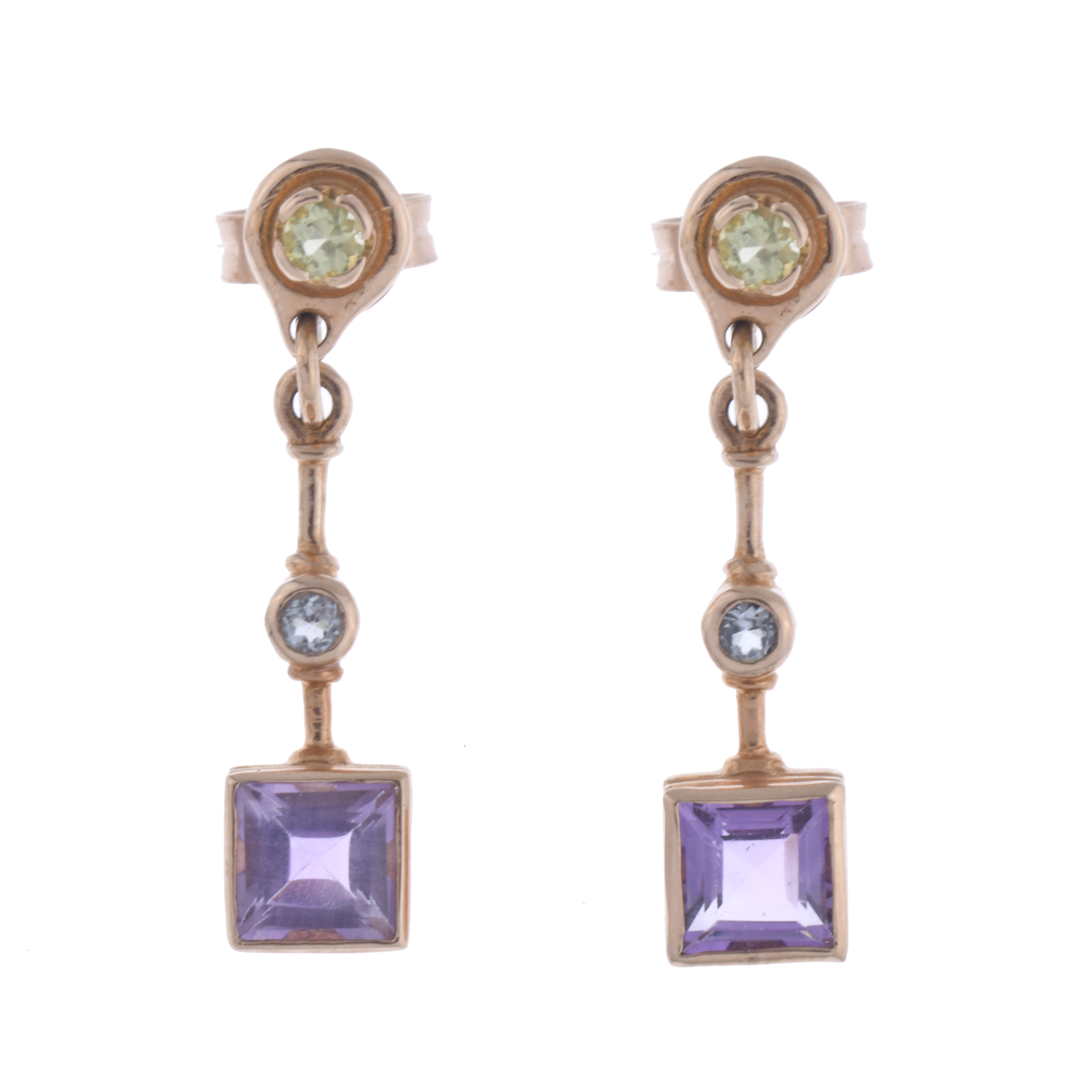 Long earrings with amethysts and diamonds.