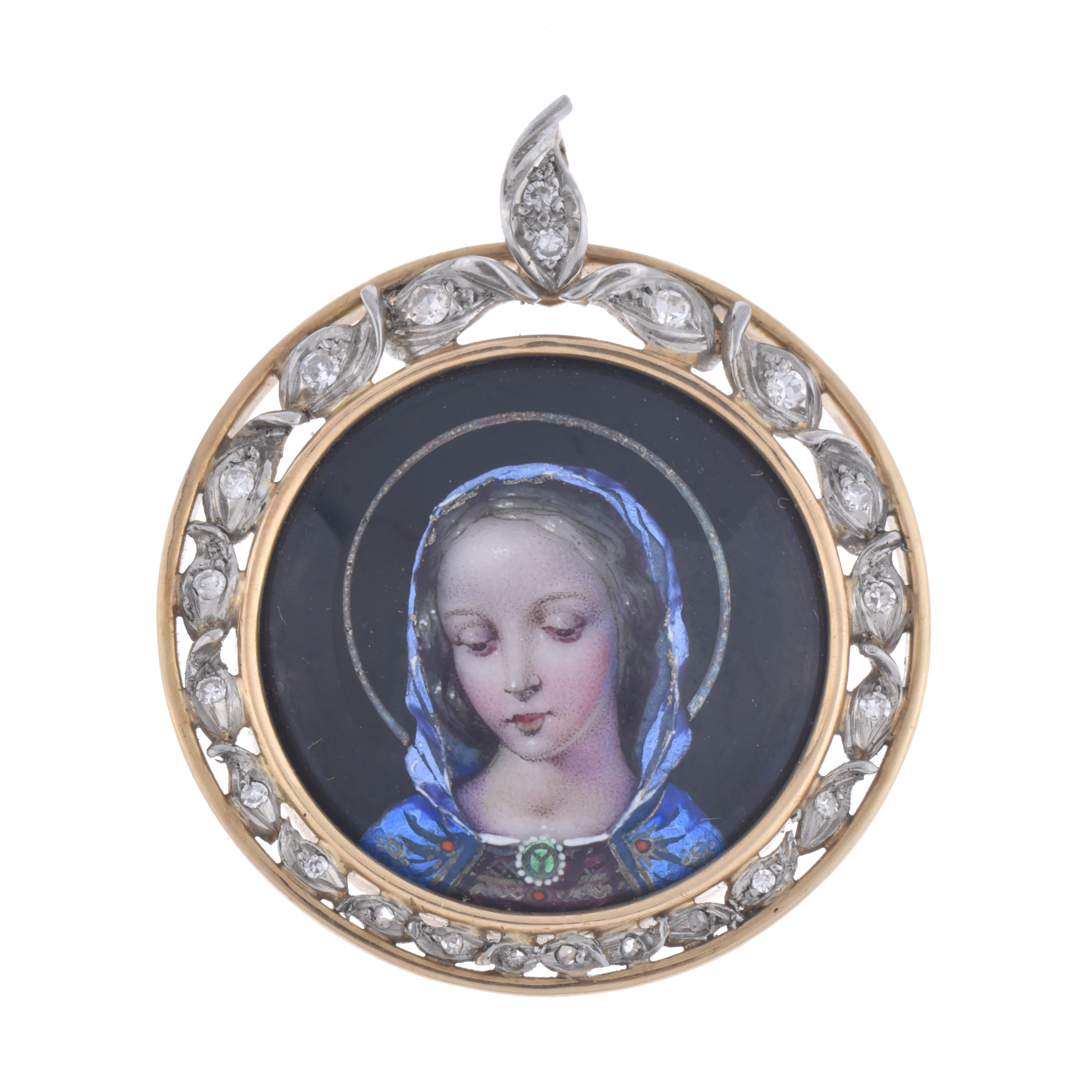 Colgante medalla con imagen de la virgen orlada con diamant