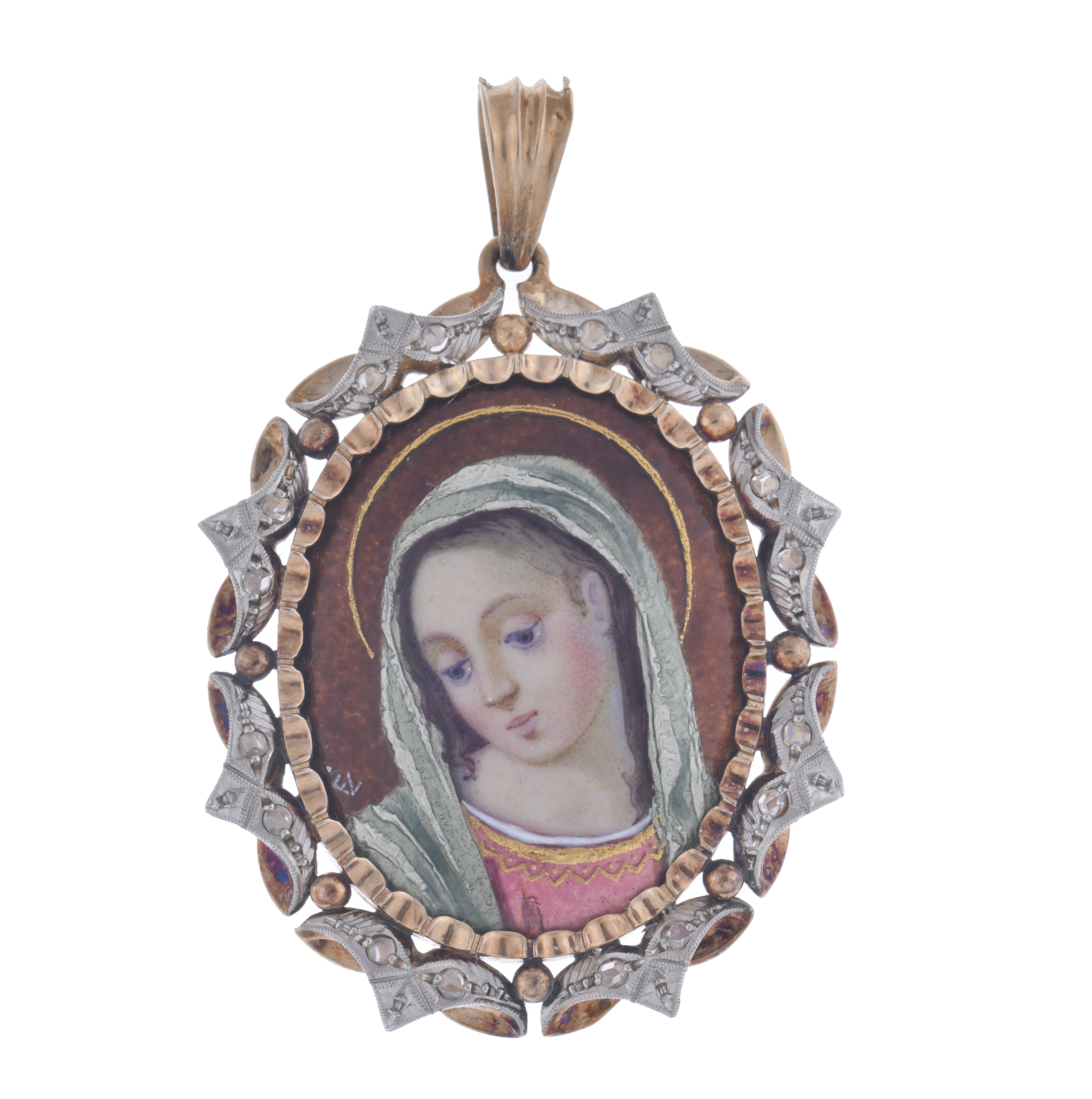 Colgante medalla con imágen de la virgen orlada con diamant