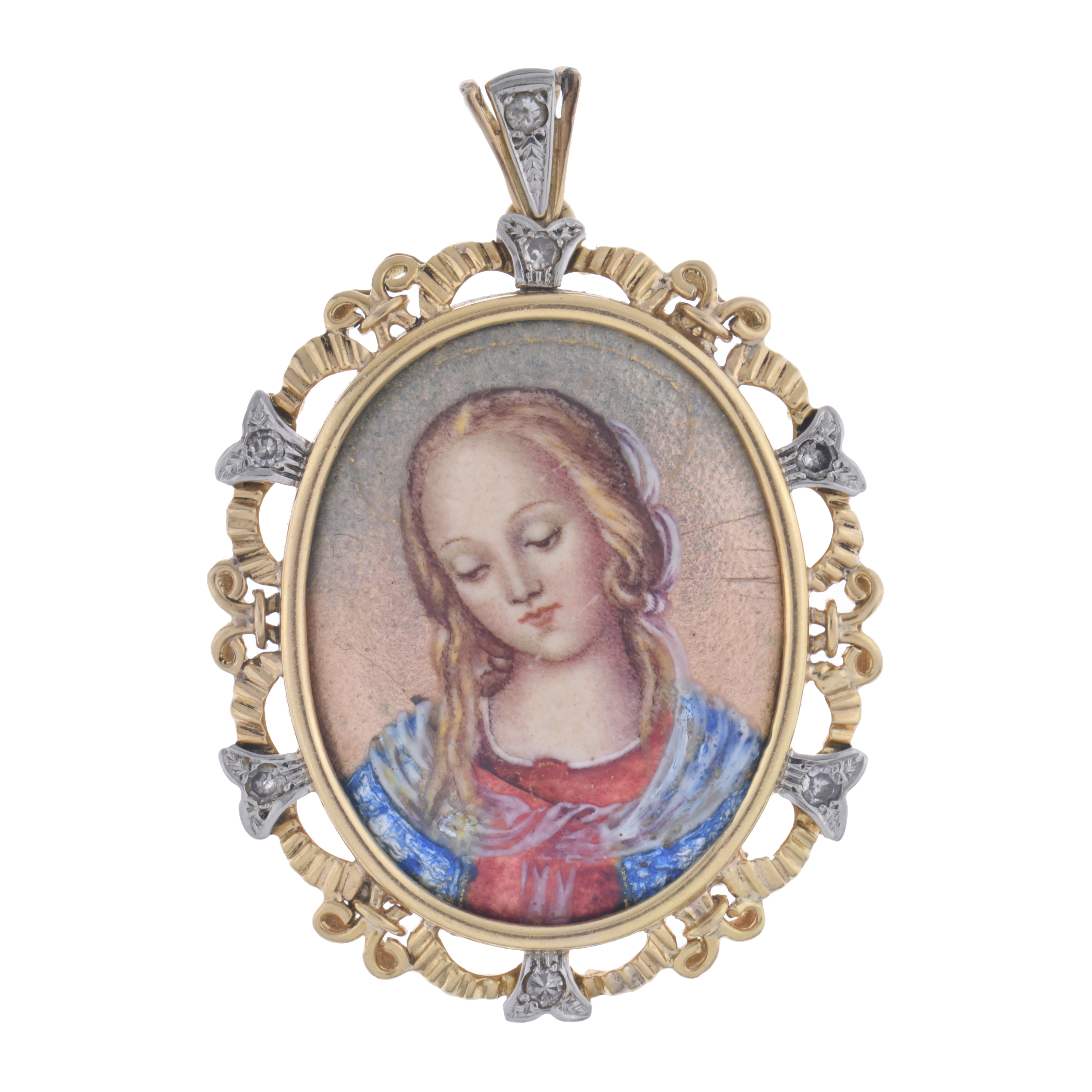 Colgante medalla con imágen de la virgen con diamantes.