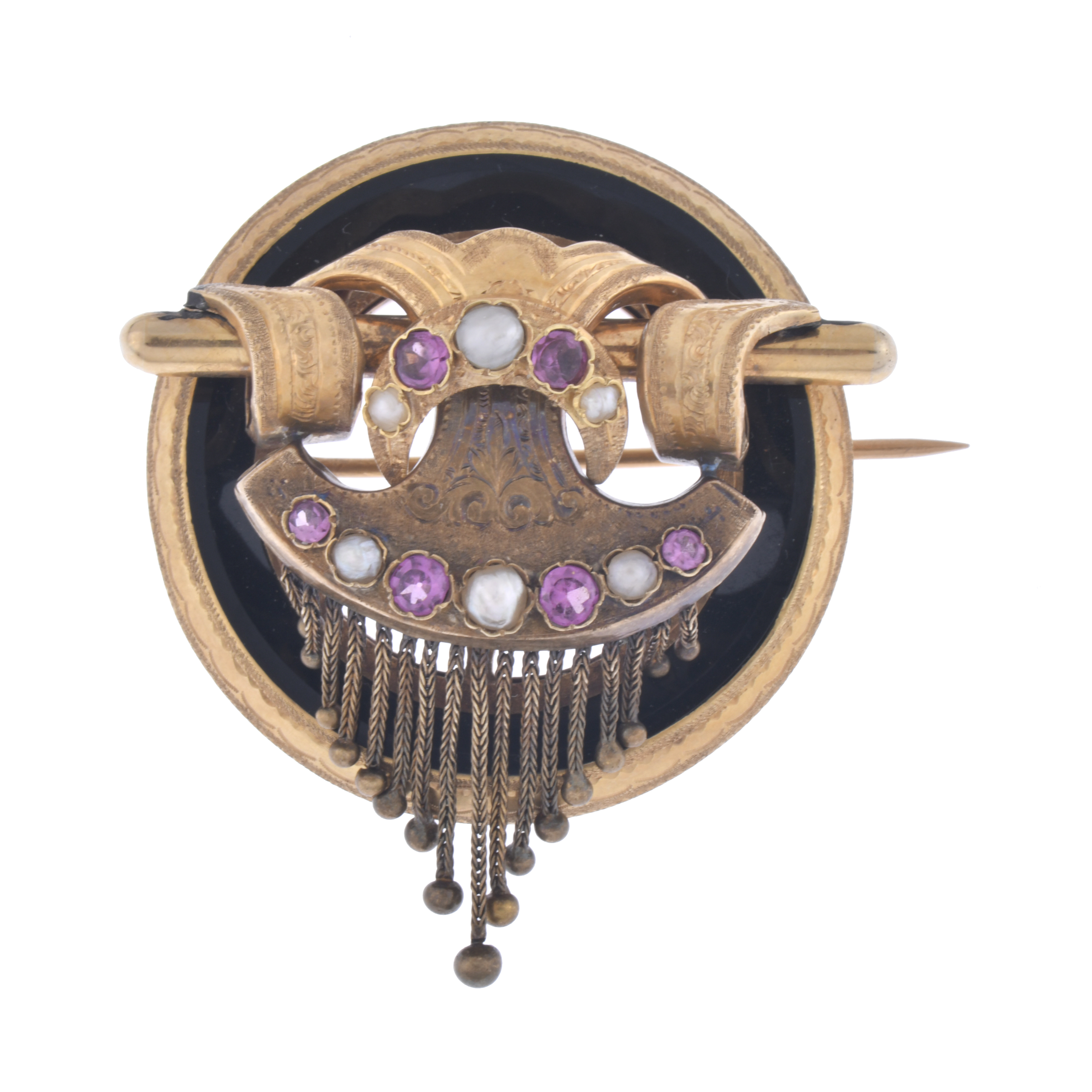 Broche belle époque con perlas, amatistas y ónix.