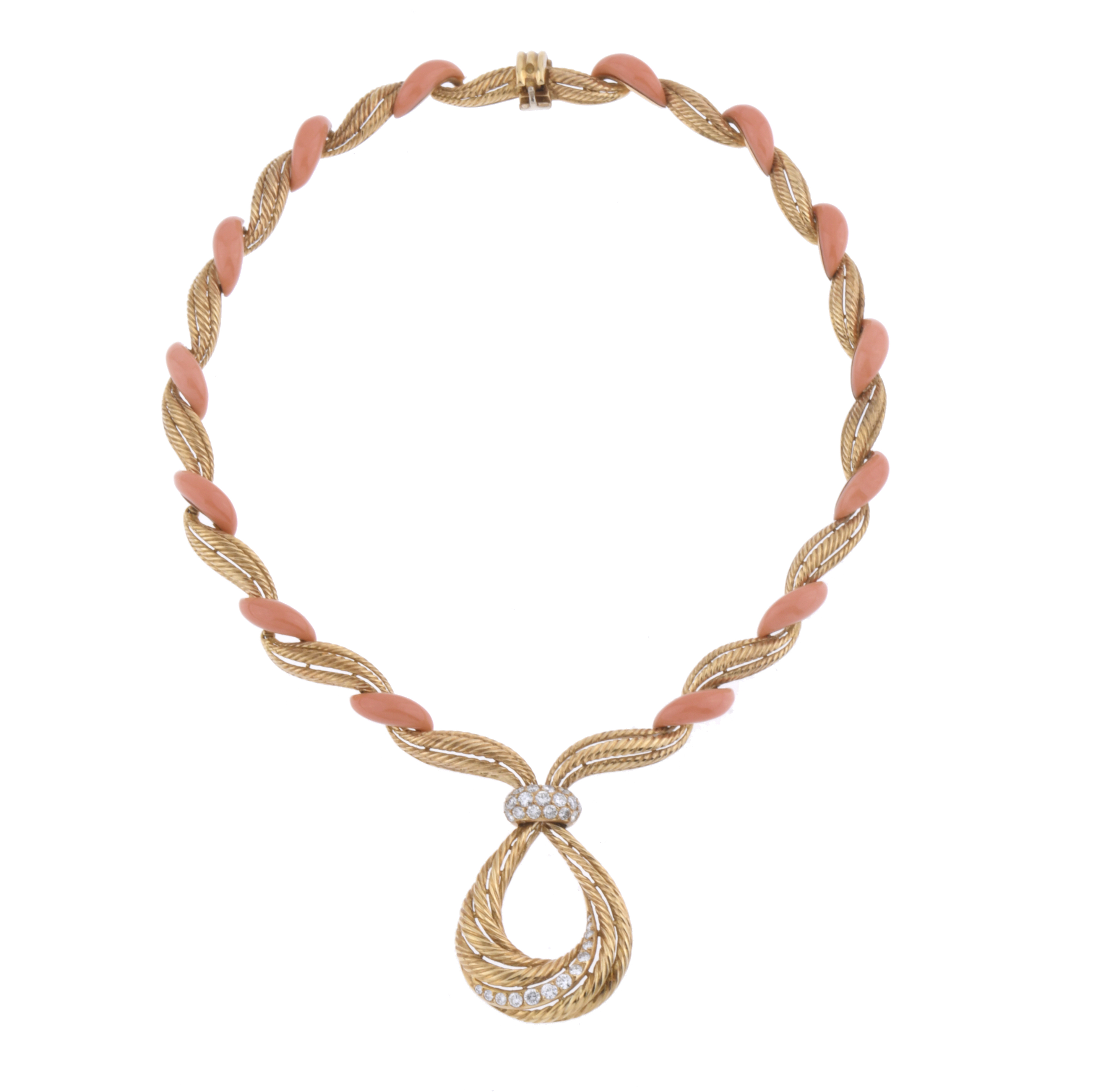 Semi-rigid choker necklace with diamonds and coral.
