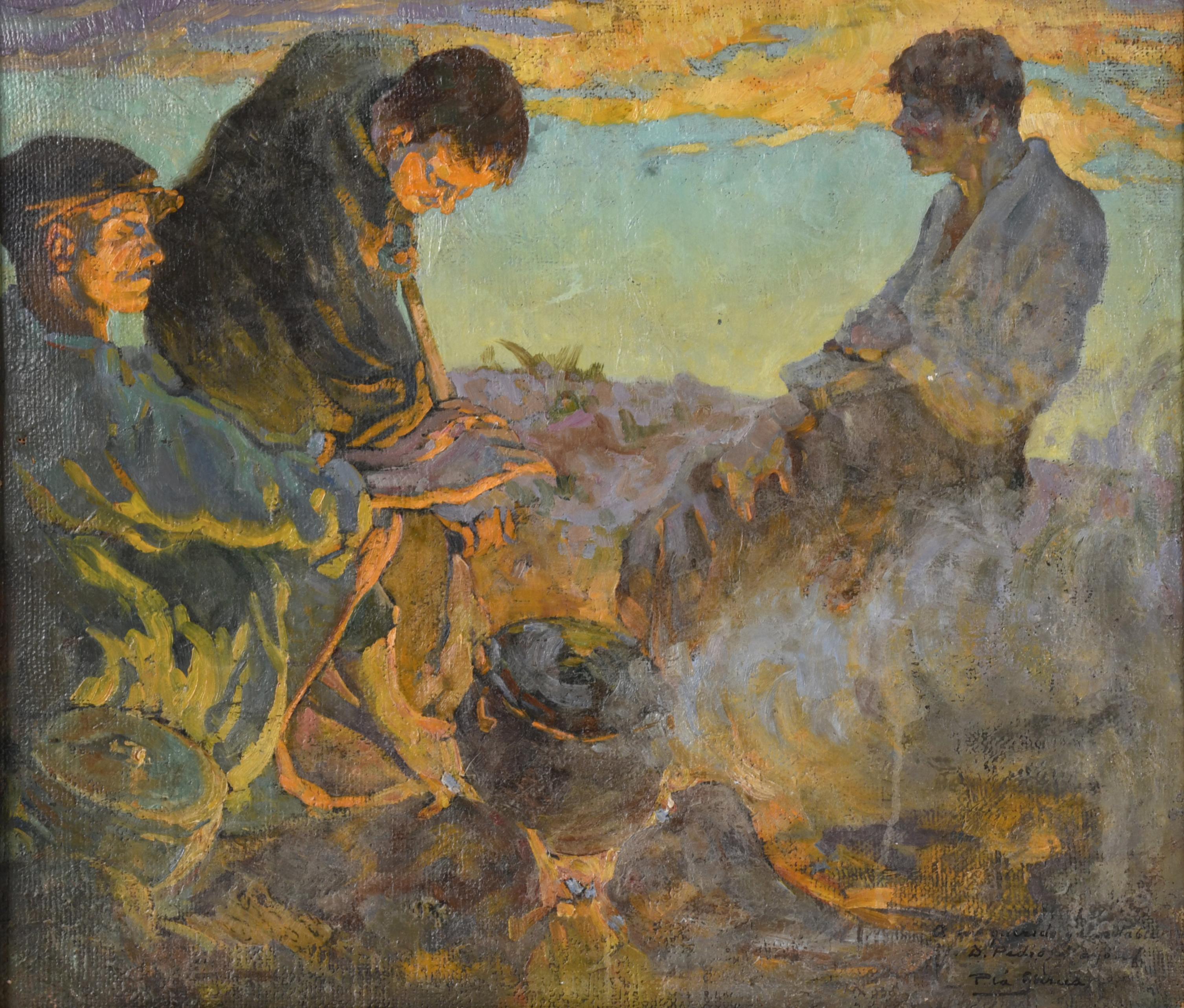 ALBERTO PLA Y GARCÍA (1897-?).  "Hombres alrededor del fueg