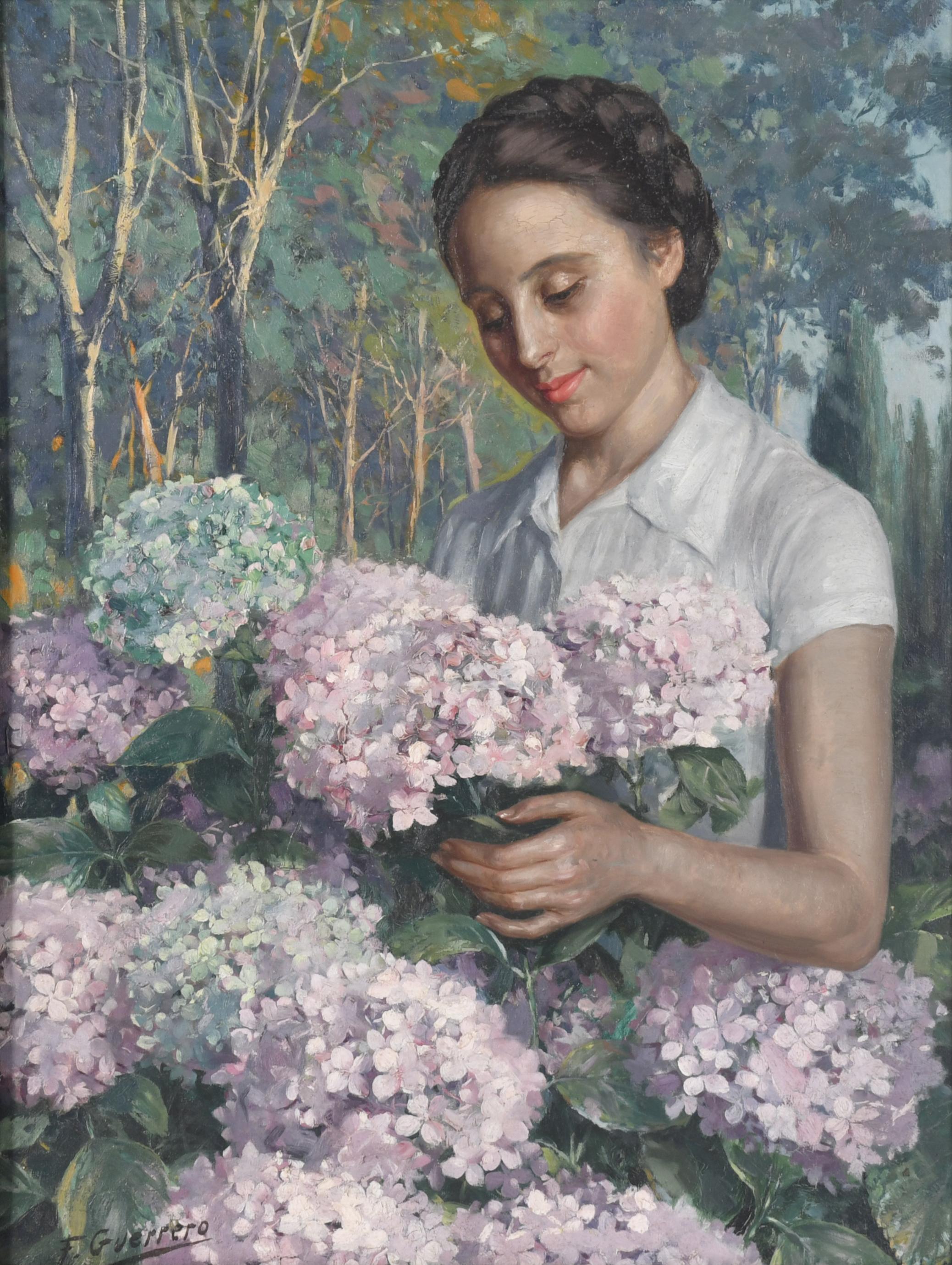 ESCUELA ESPAÑOLA, SIGLO XX. "Joven con hortensias".