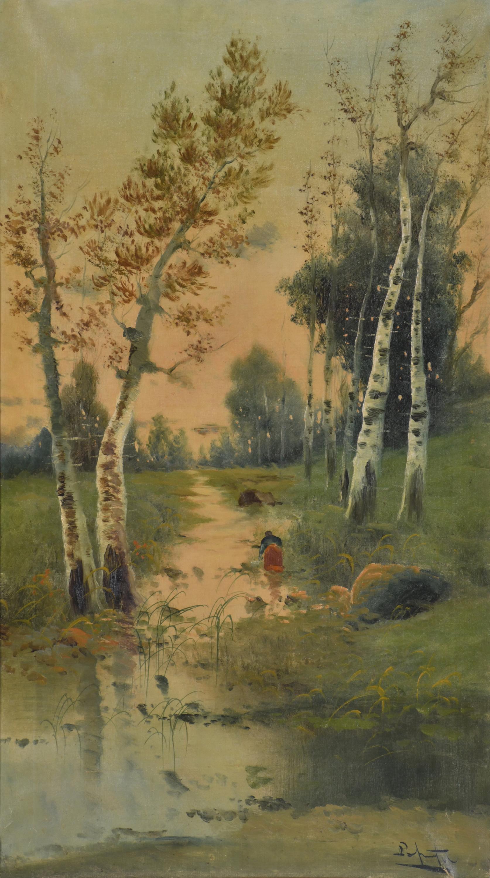 ESCUELA CATALANA, SIGLO XX. "Joven lavando en el riachuelo"