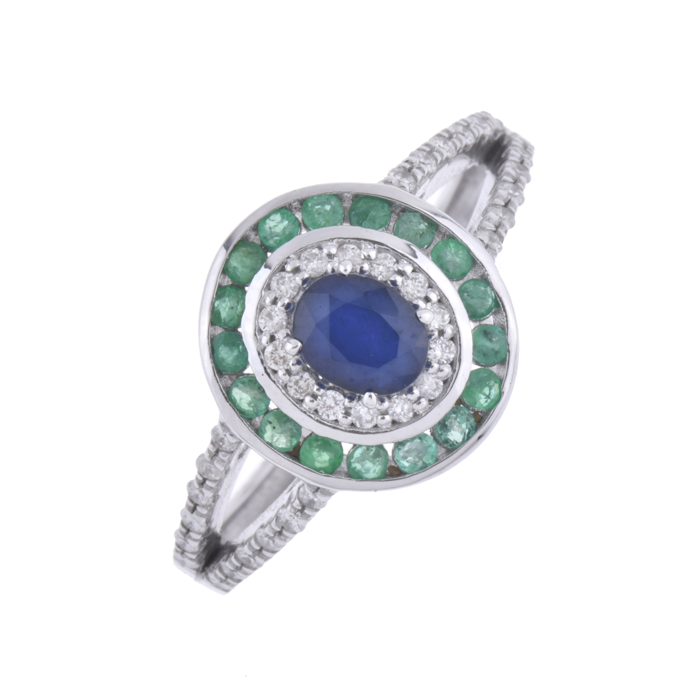 Ring with a sapphire and double border of diamonds and emer