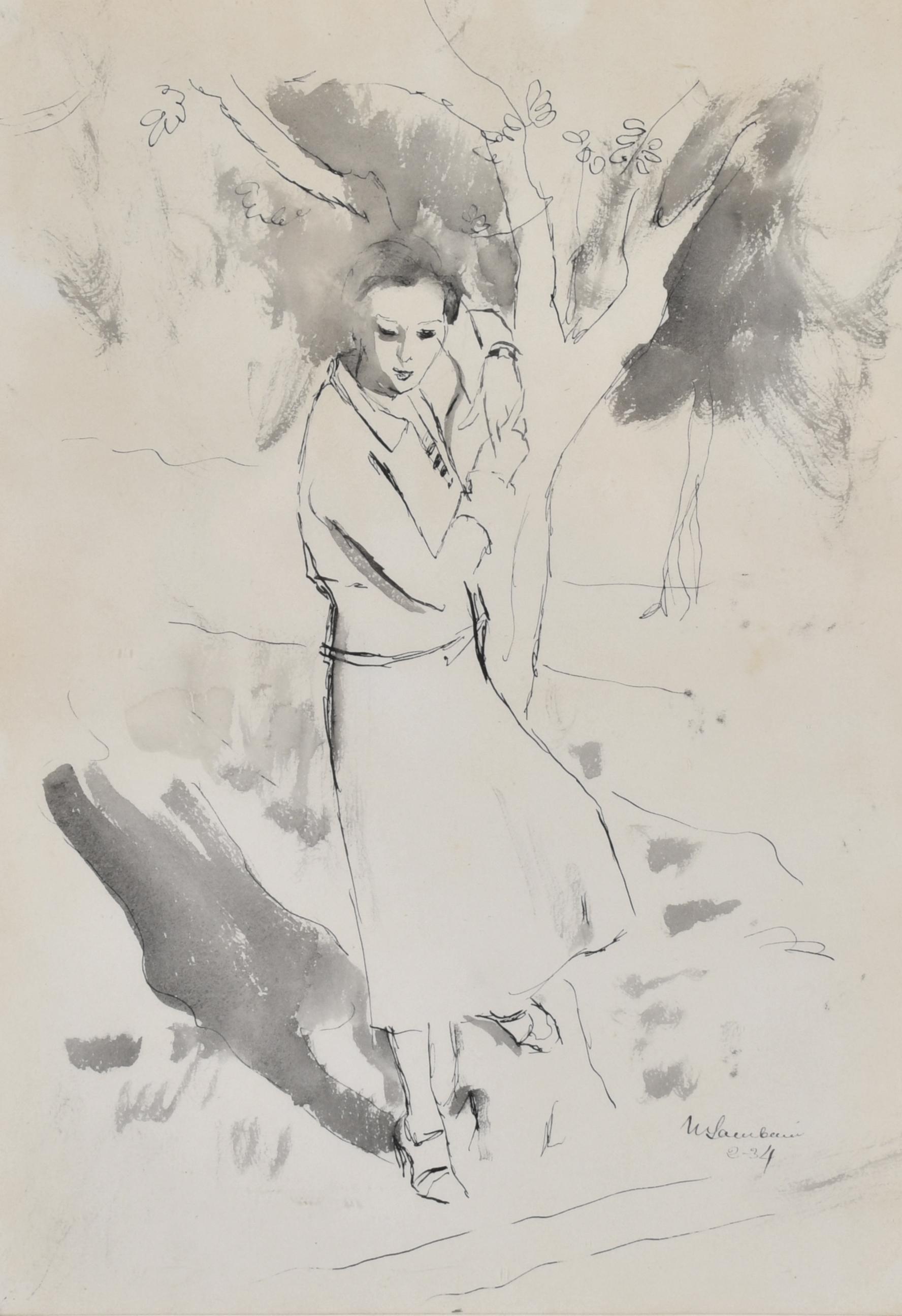 ESCUELA ESPAÑOLA, SIGLO XX. "Mujer apoyada en árbol".