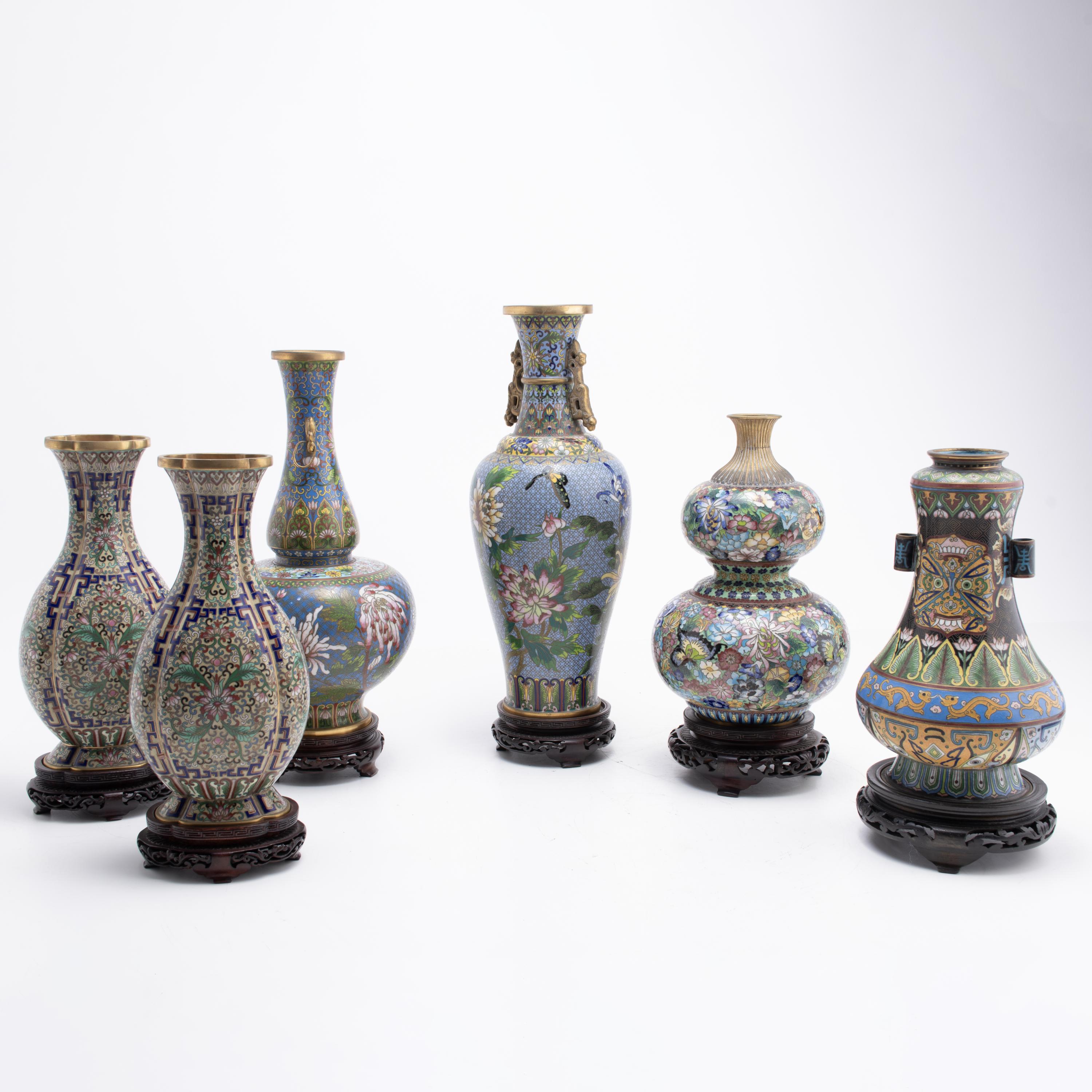 Set of six cloisonné enamel vases, 20th century.