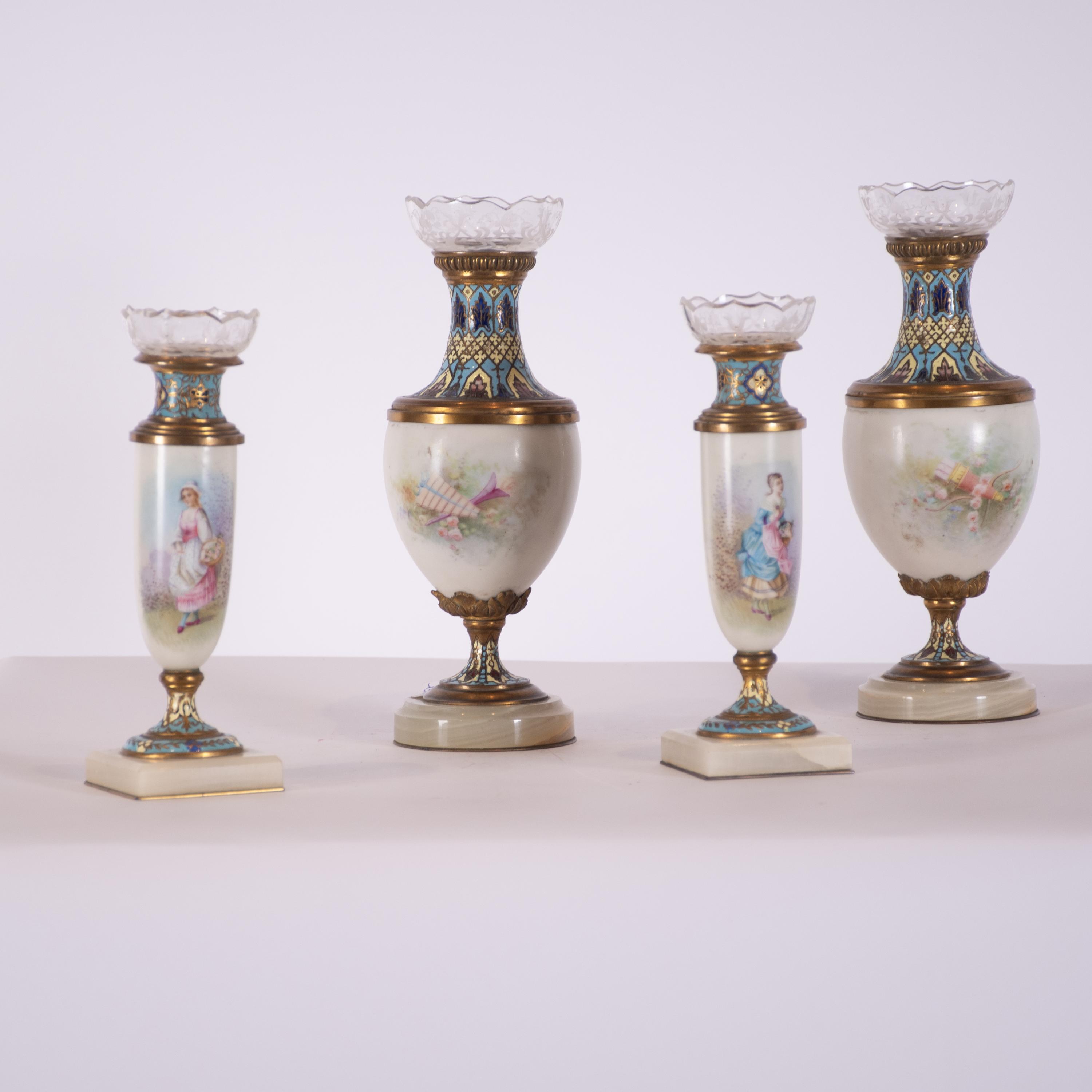 French set of two vases and two flower vases, 20th century.