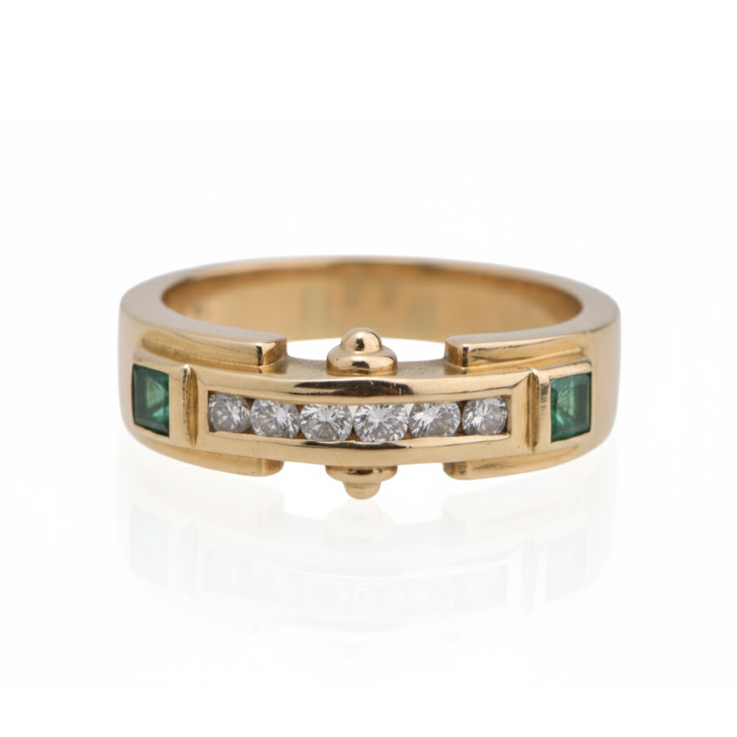 Cartier-style ring with diamonds and emeralds.