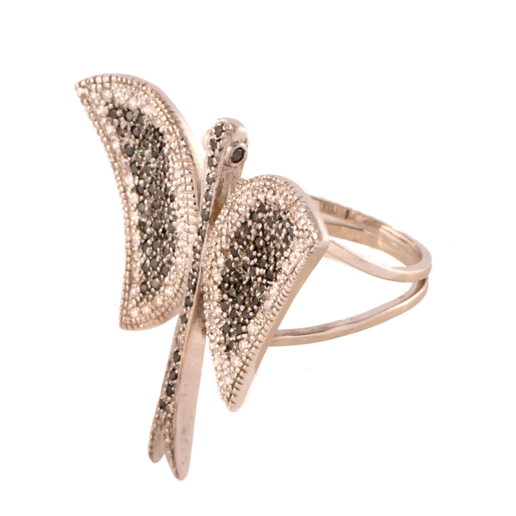 Anillo en forma de mariposa, diamantes blancos y fancy negr