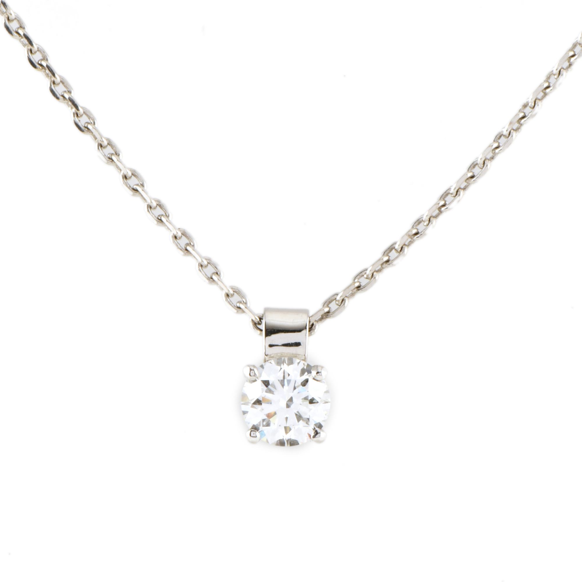 Necklace with a solitaire diamond pendant.
