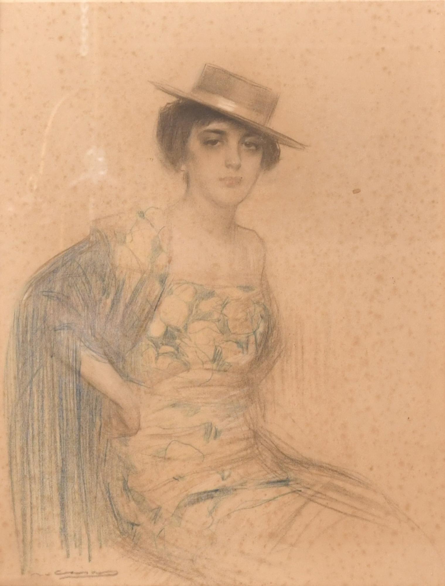 RAMÓN CASAS Y CARBO (1866-1932). "Mujer con mantón y sombre