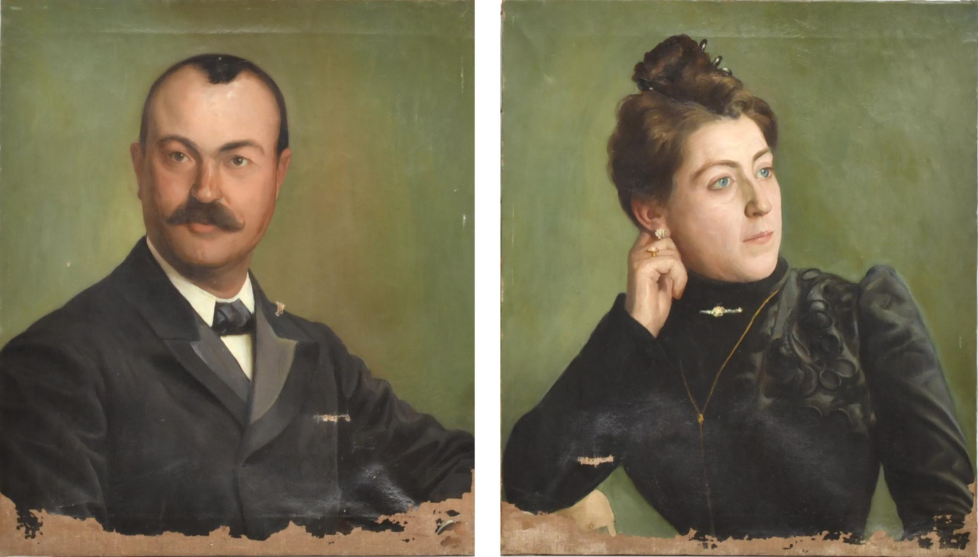ESCUELA ESPAÑOLA, PPS. SIGLO XX. Pareja de retratos de matr