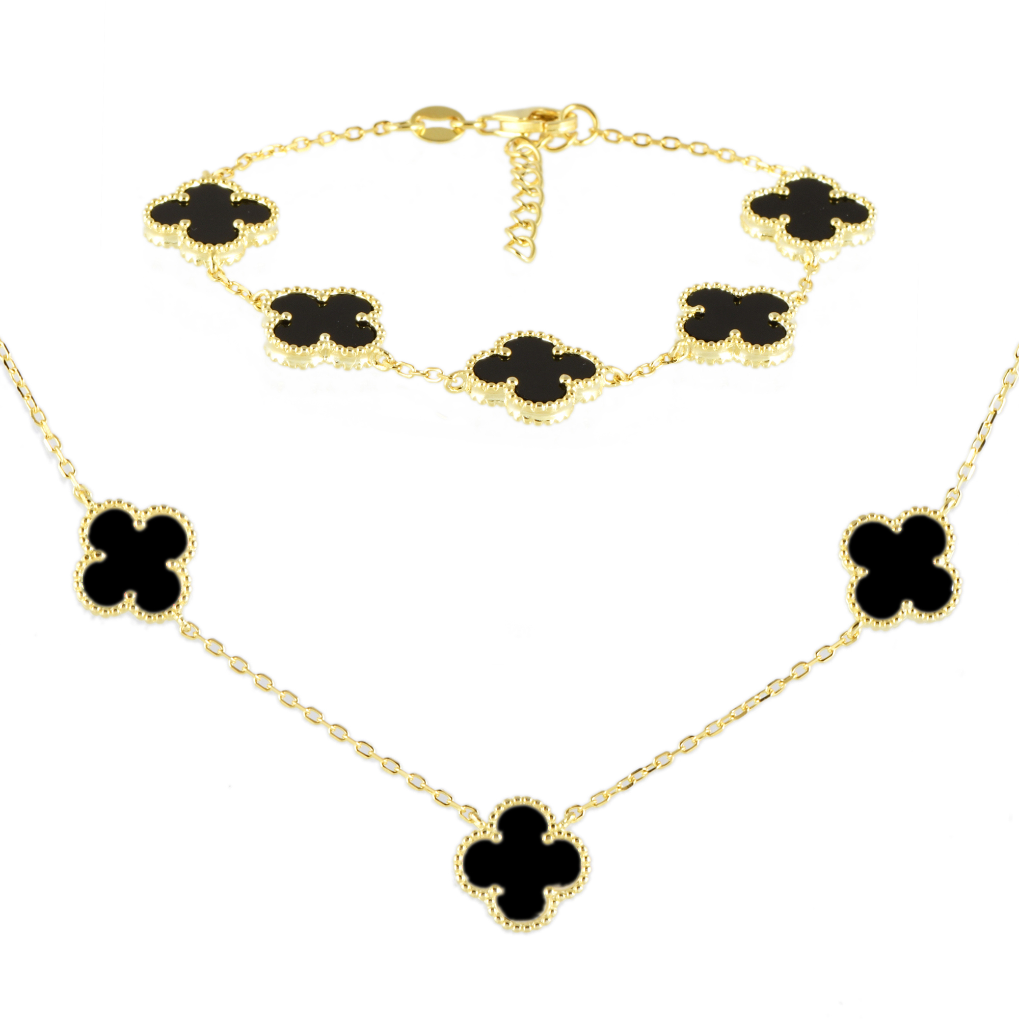 Colgante y pulsera con tréboles en ónix.