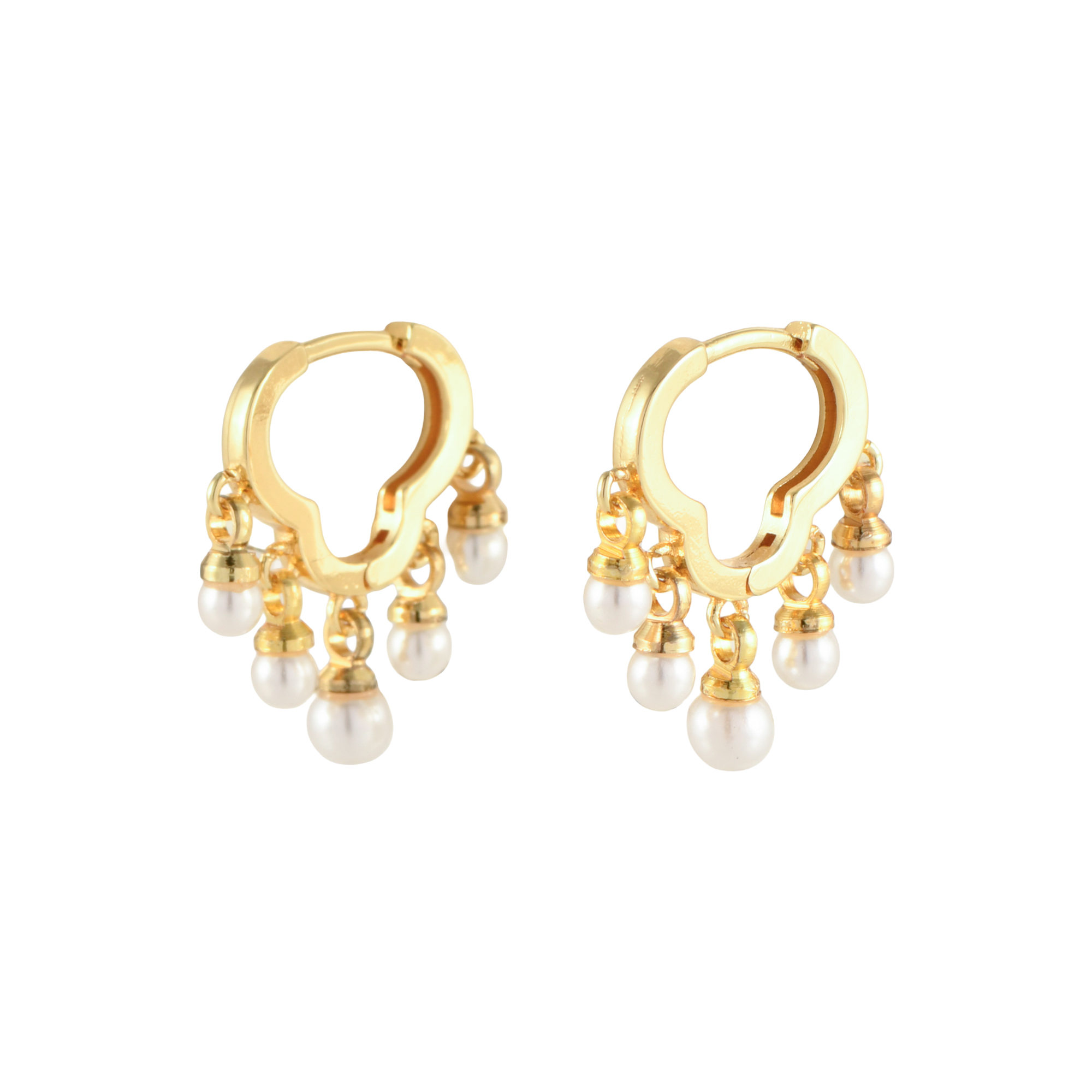 Lobed-shaped earrings with pendant pearls.