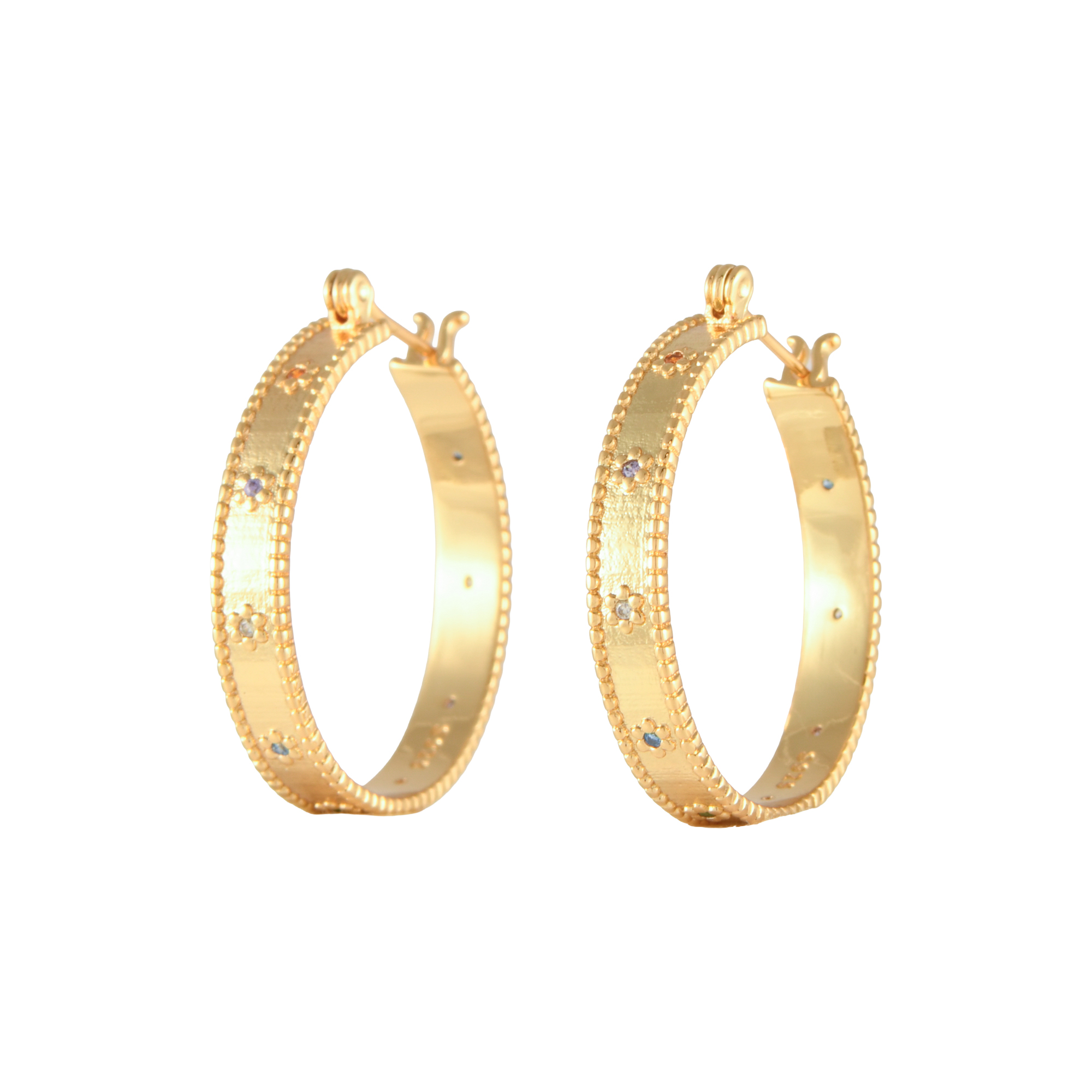 Hoop-shaped earrings with coloured zircons.