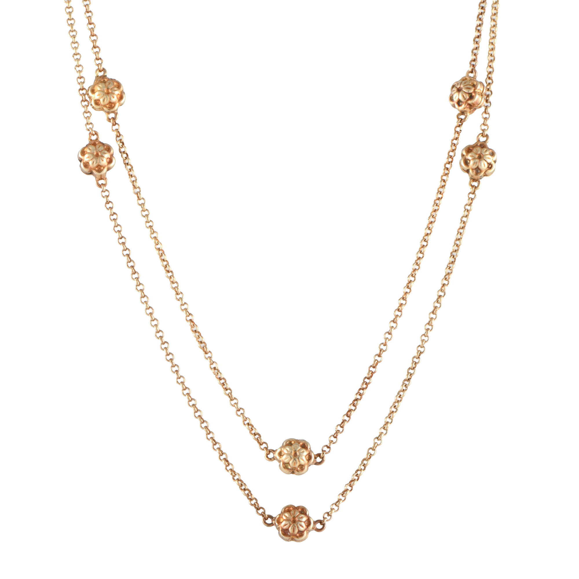 Links necklace with flower-shaped beads.
