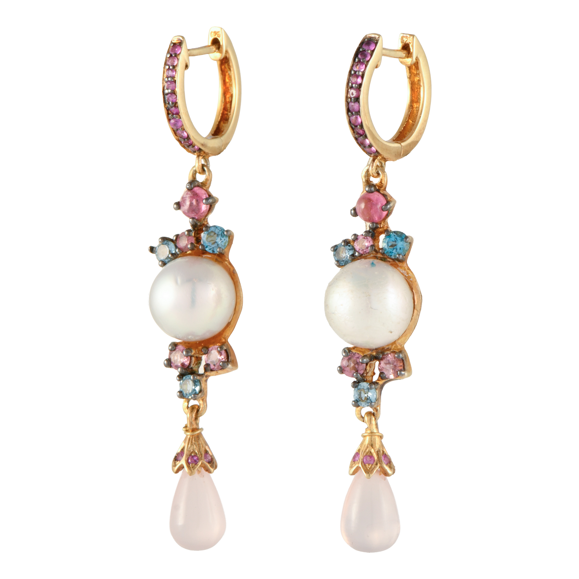Long pendant earrings with natural coloured gemstones.