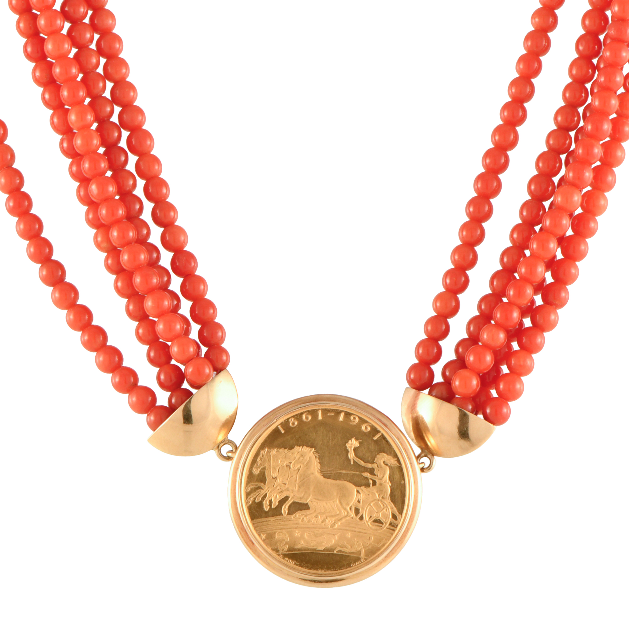 Necklace with coral beads with coin-shaped pendant.