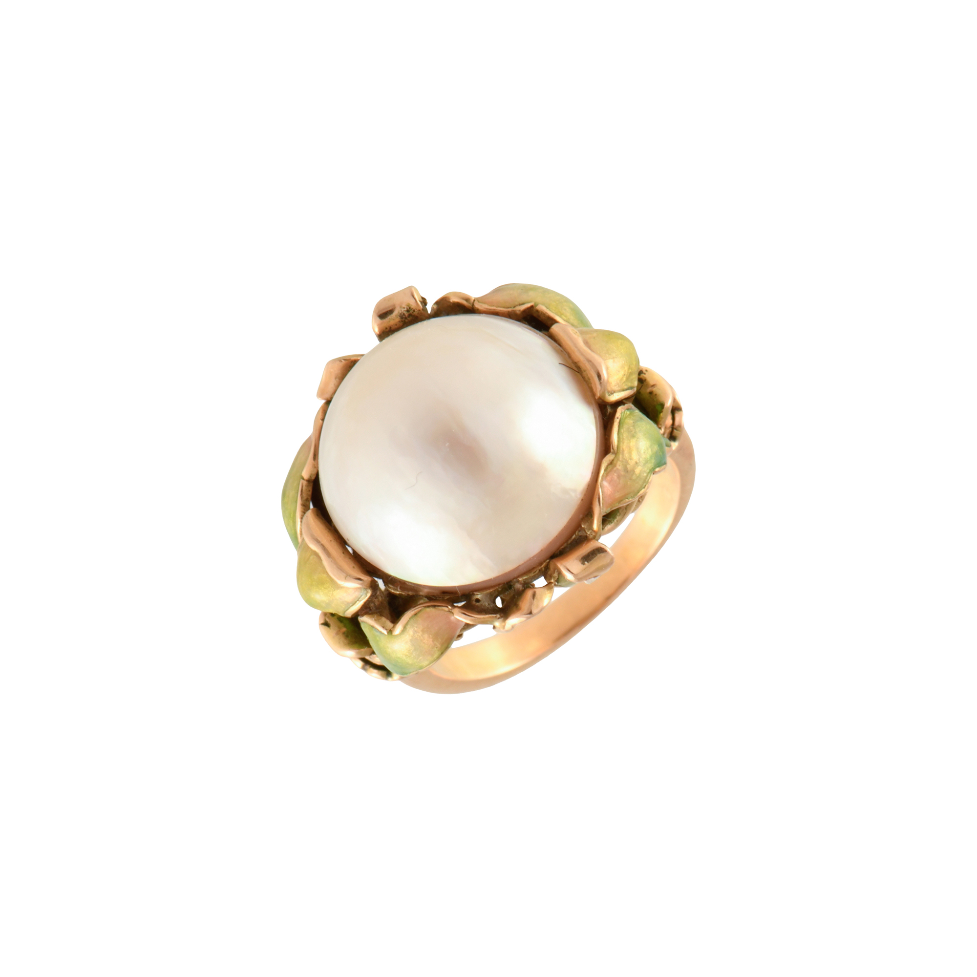 Modernist floral ring with mabé pearl and enamels.