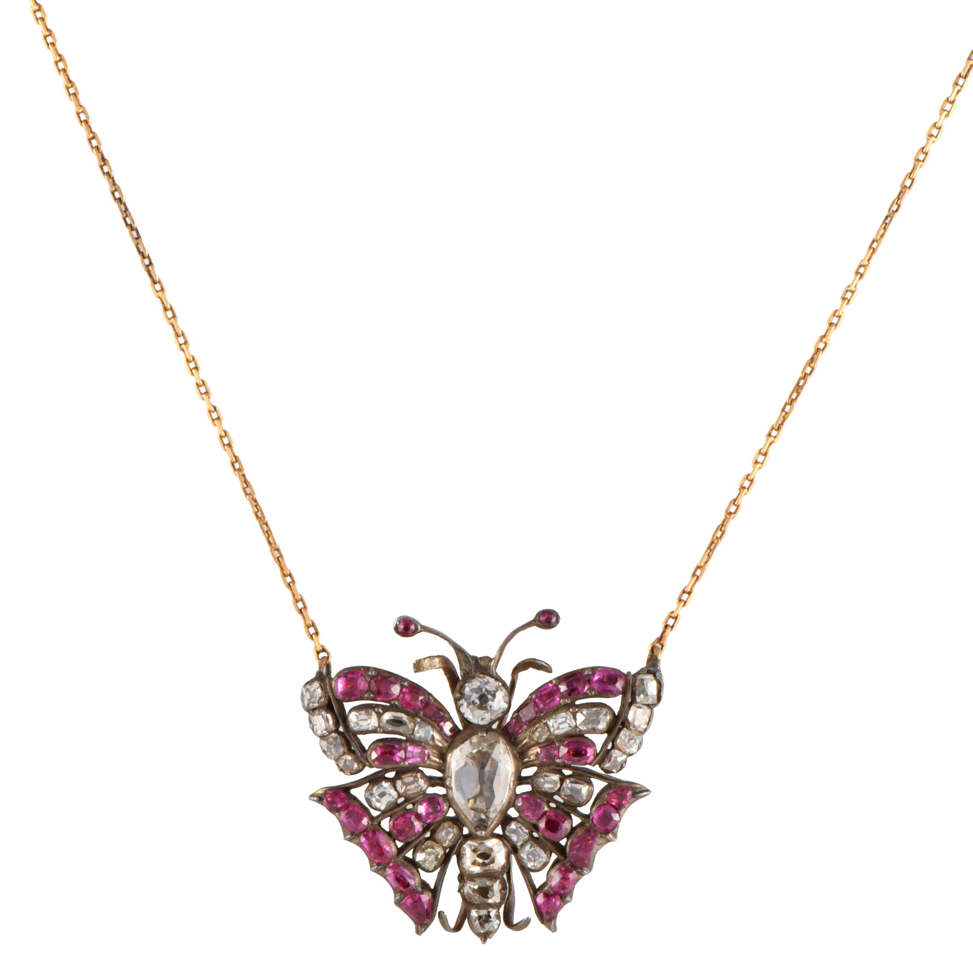 Necklace with butterfly-shaped pendant with diamonds and ro