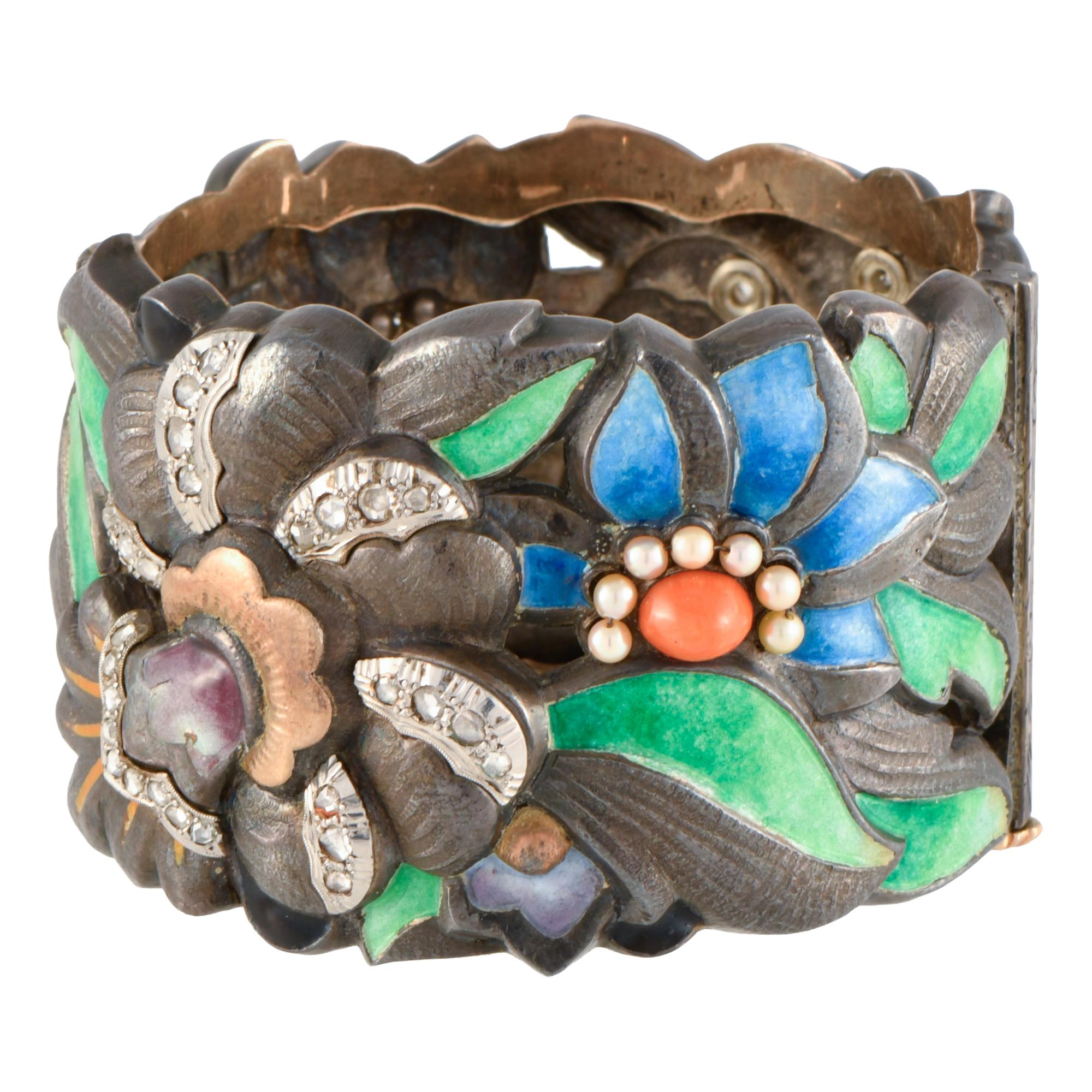 Modernist wide bracelet with enamel, diamonds and pearls