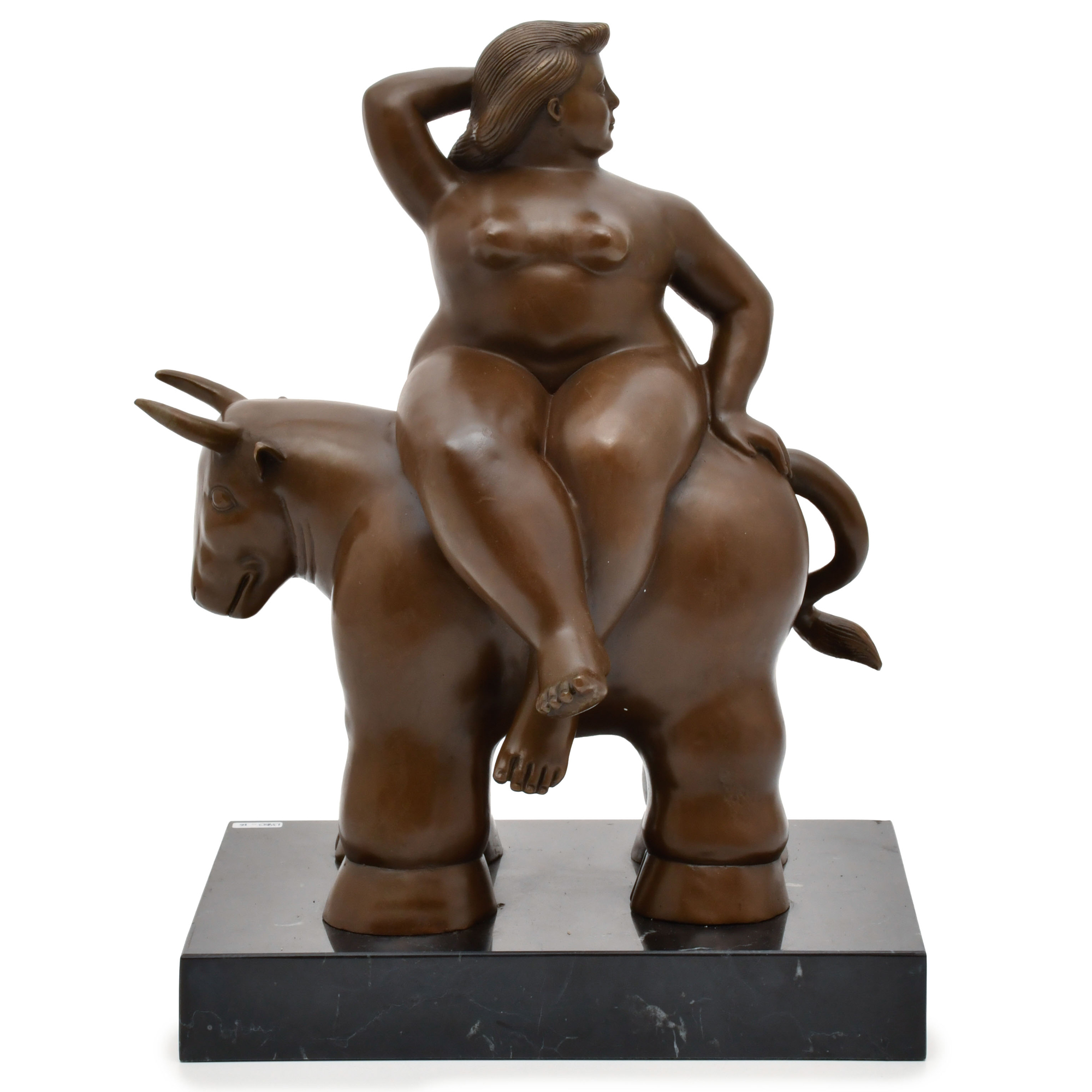 AFTER MODELS BY F. BOTERO, woman on a bull.