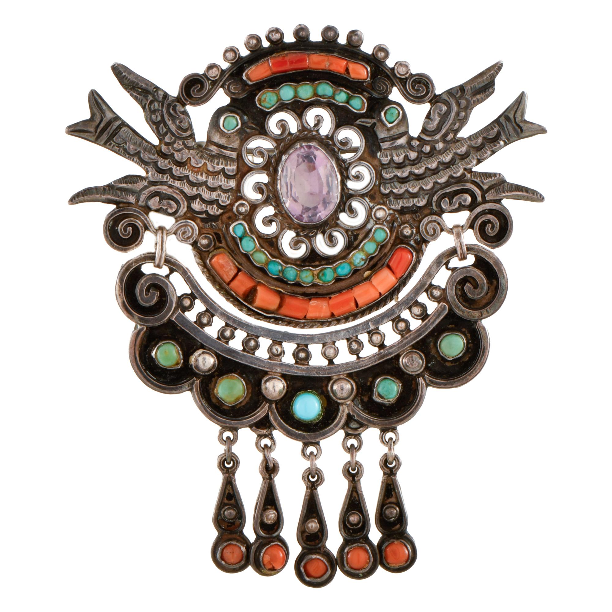 Broche mexicano con amatista, coral y turquesas.