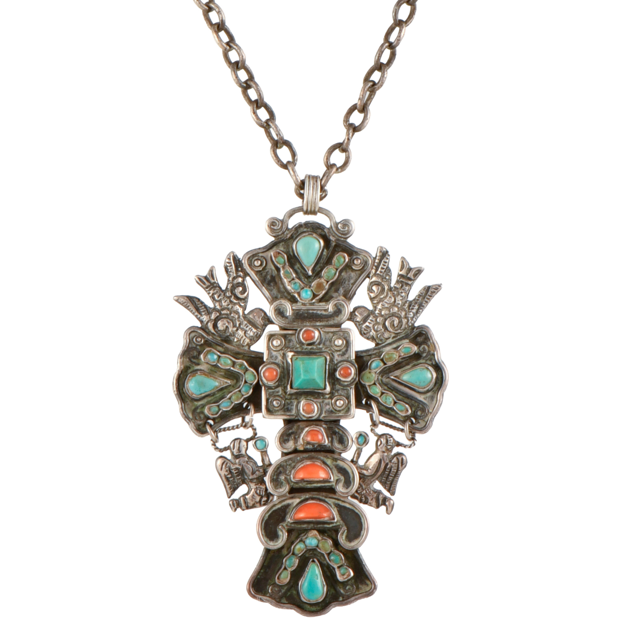 Collar con colgante mexicano con turquesas y coral.