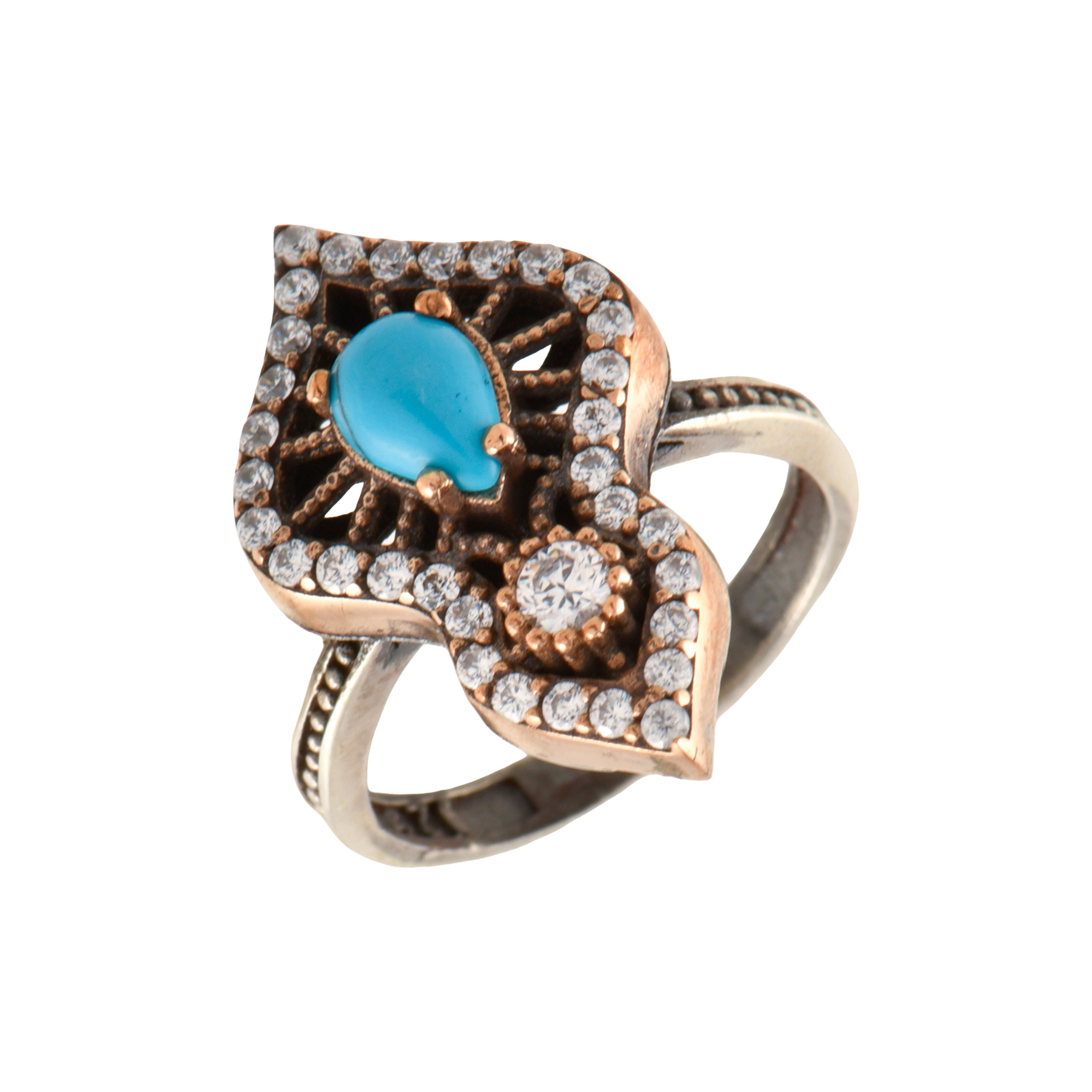 Ring with turqouise and zircons.