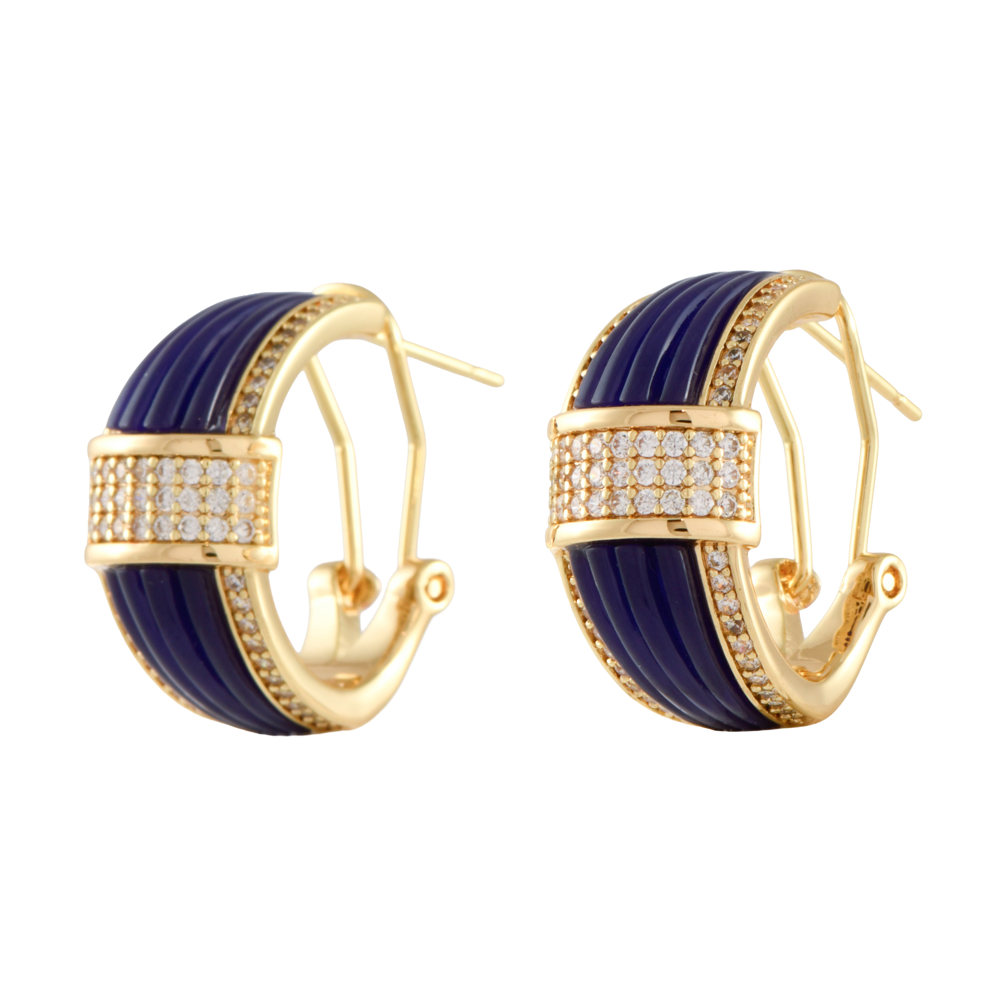 Wide hoop earrings with zircons.