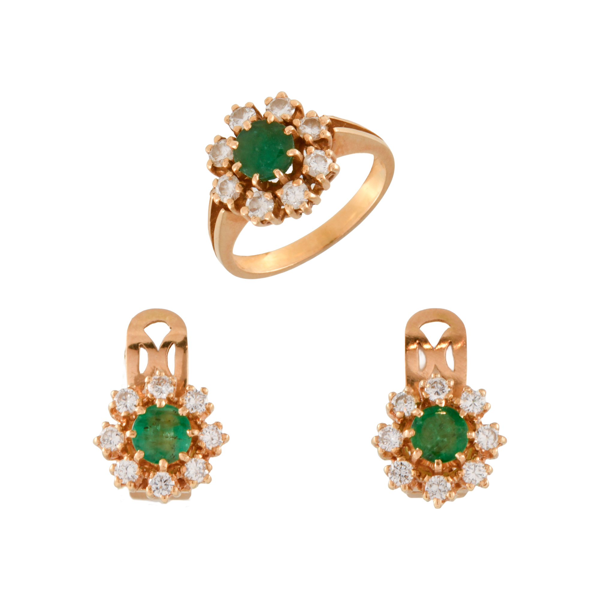 Conjunto de pendientes y anillo de esmeraldas con rosetón d