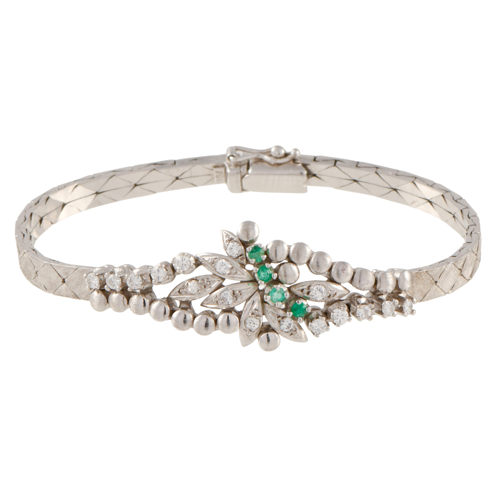 Brazalete semi-rígido de motivos florales, con esmeraldas y