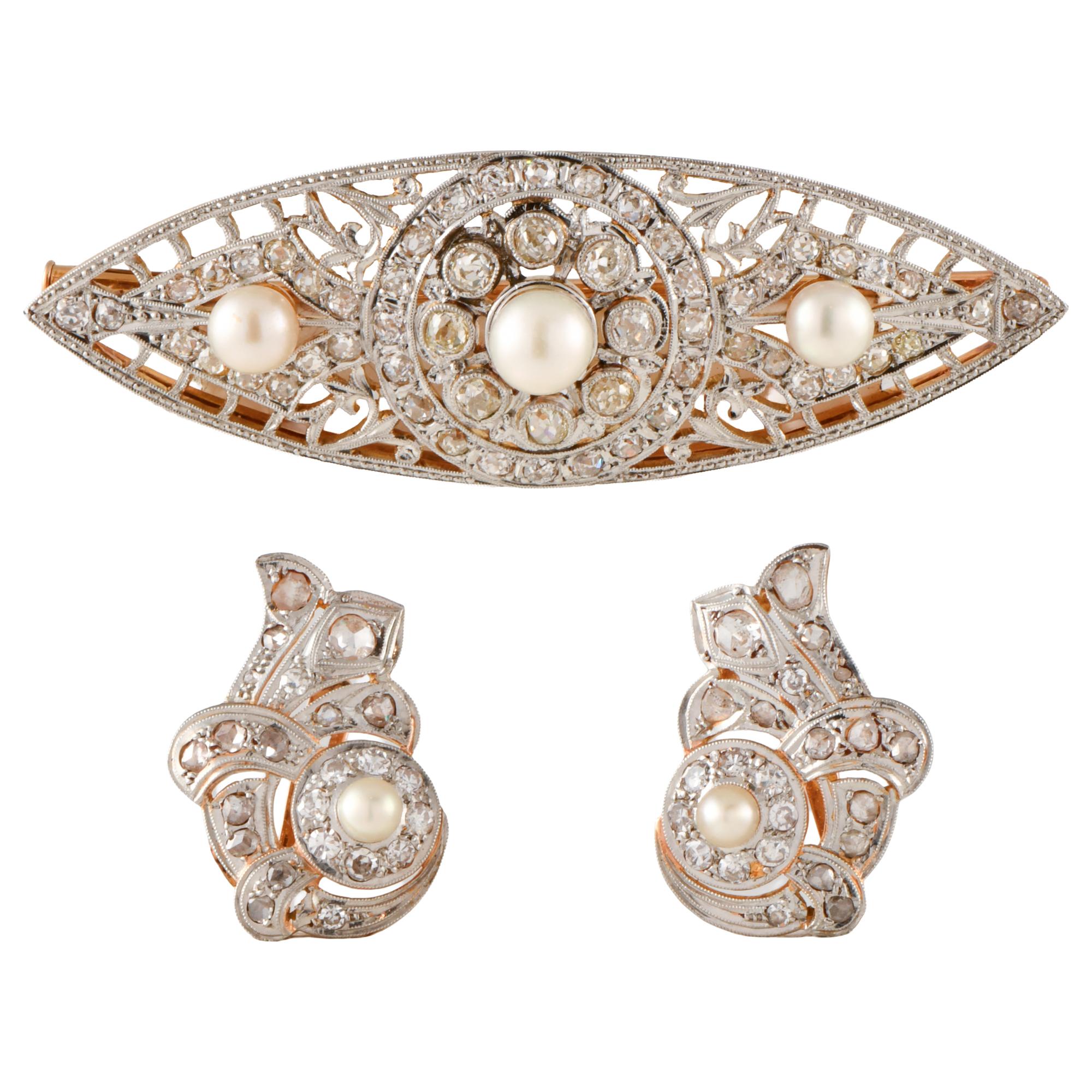 Conjunto de broche y pendientes art déco. Con perlas y diam
