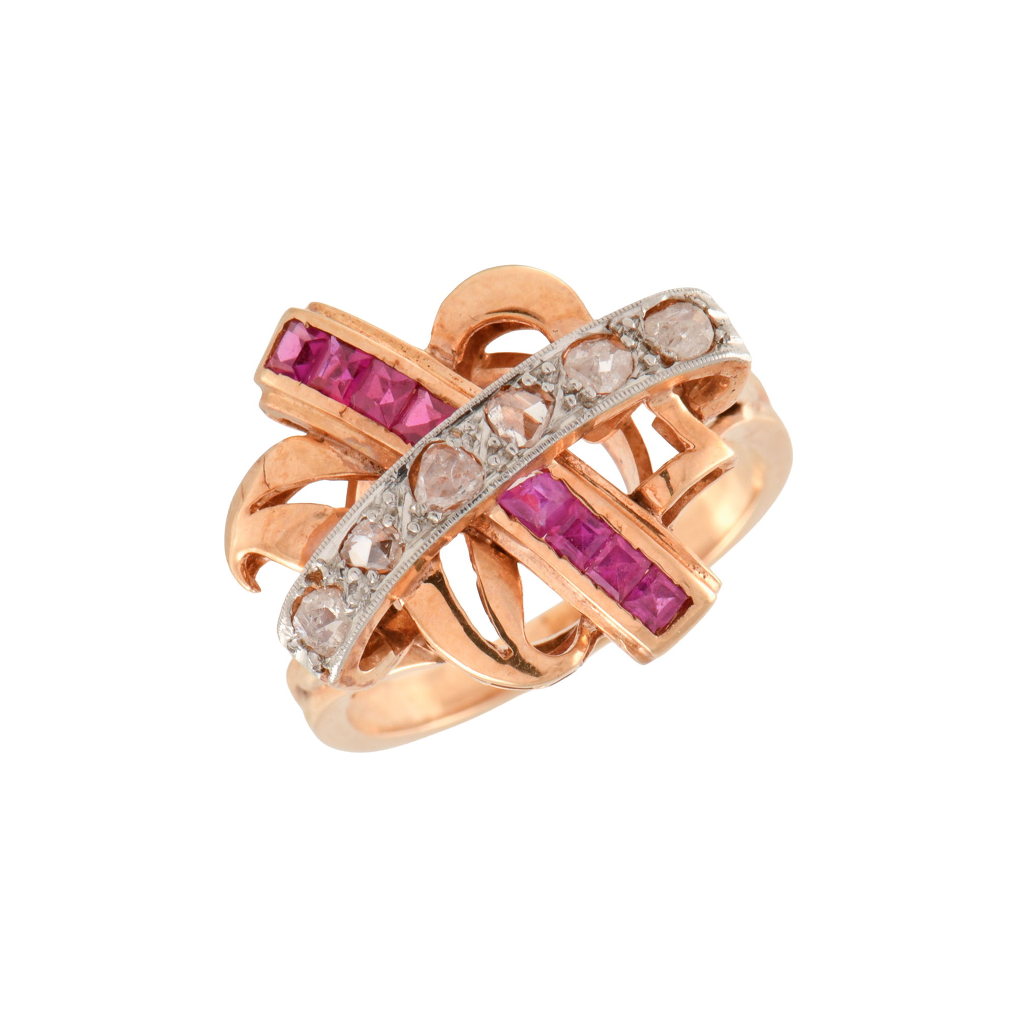 Sortija años 50 con diamantes y rubíes