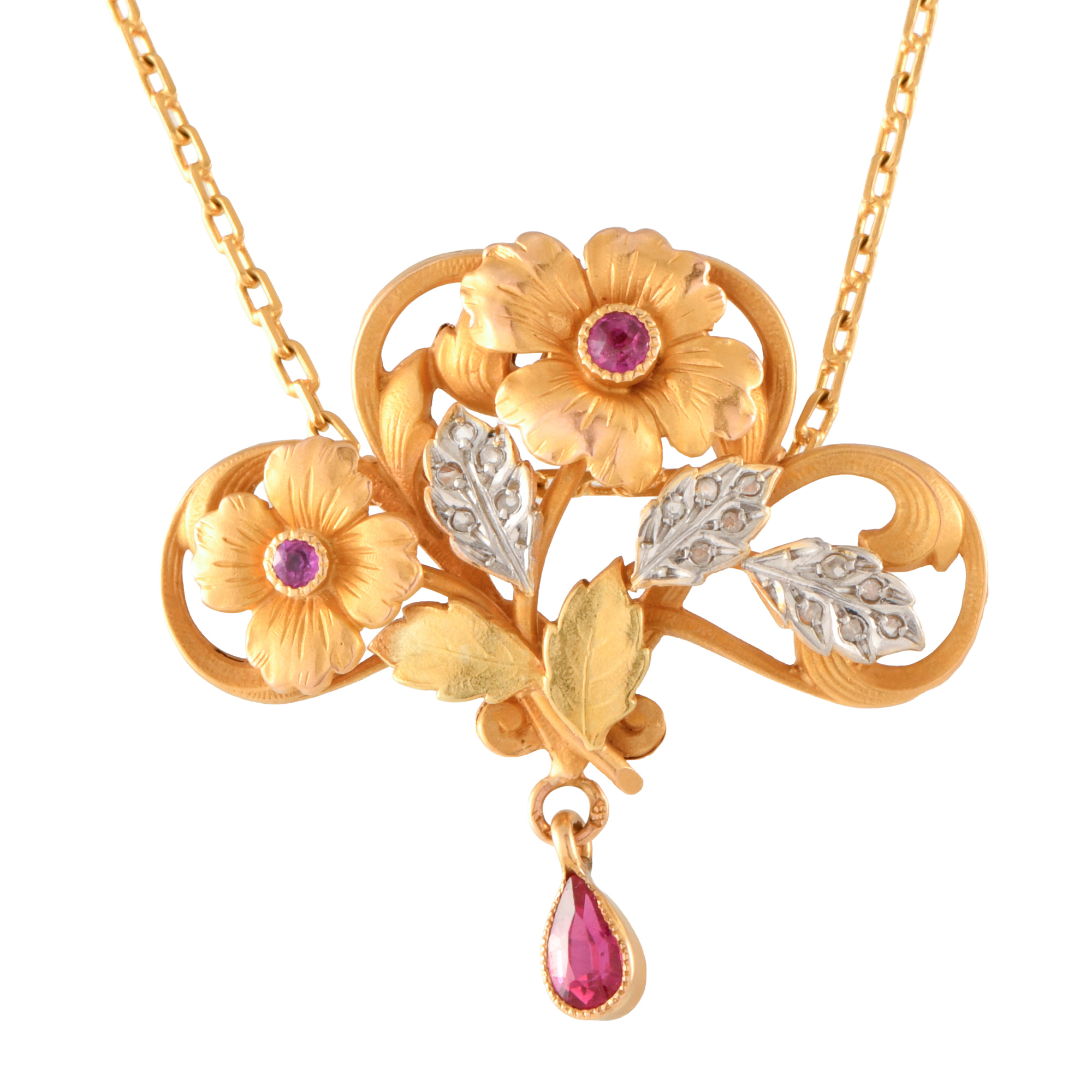 Modernist-style necklace with a floral pendant set with rub