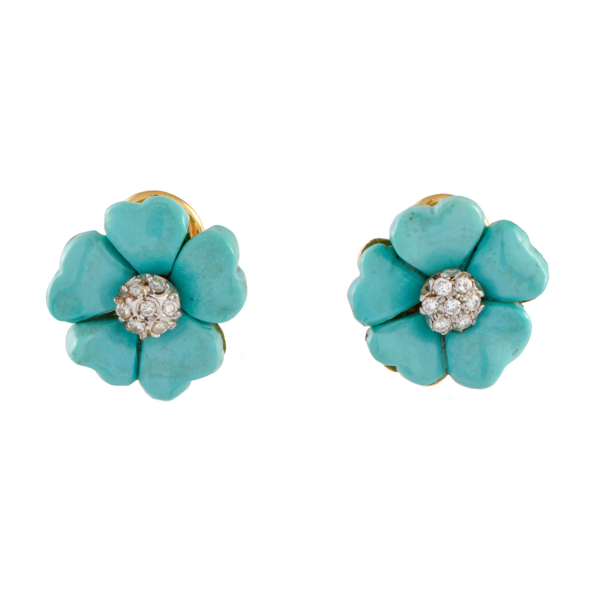 Flower-shaped earrings with turquoises and diamonds.