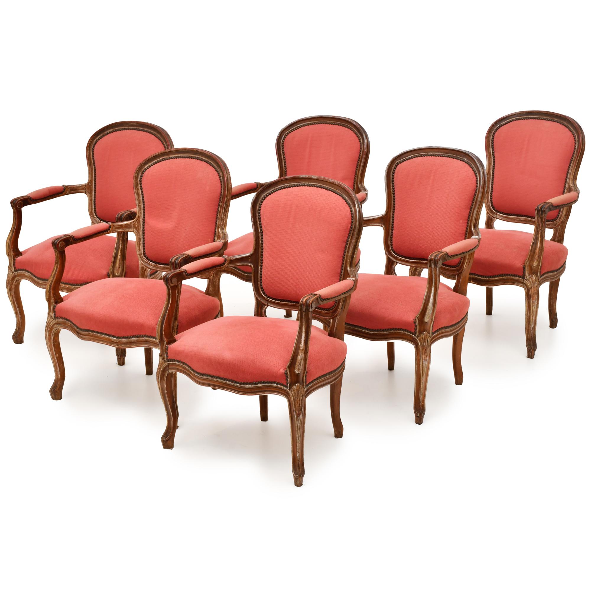 Conjunto de seis sillones, estilo Luis XV, siglo XX.