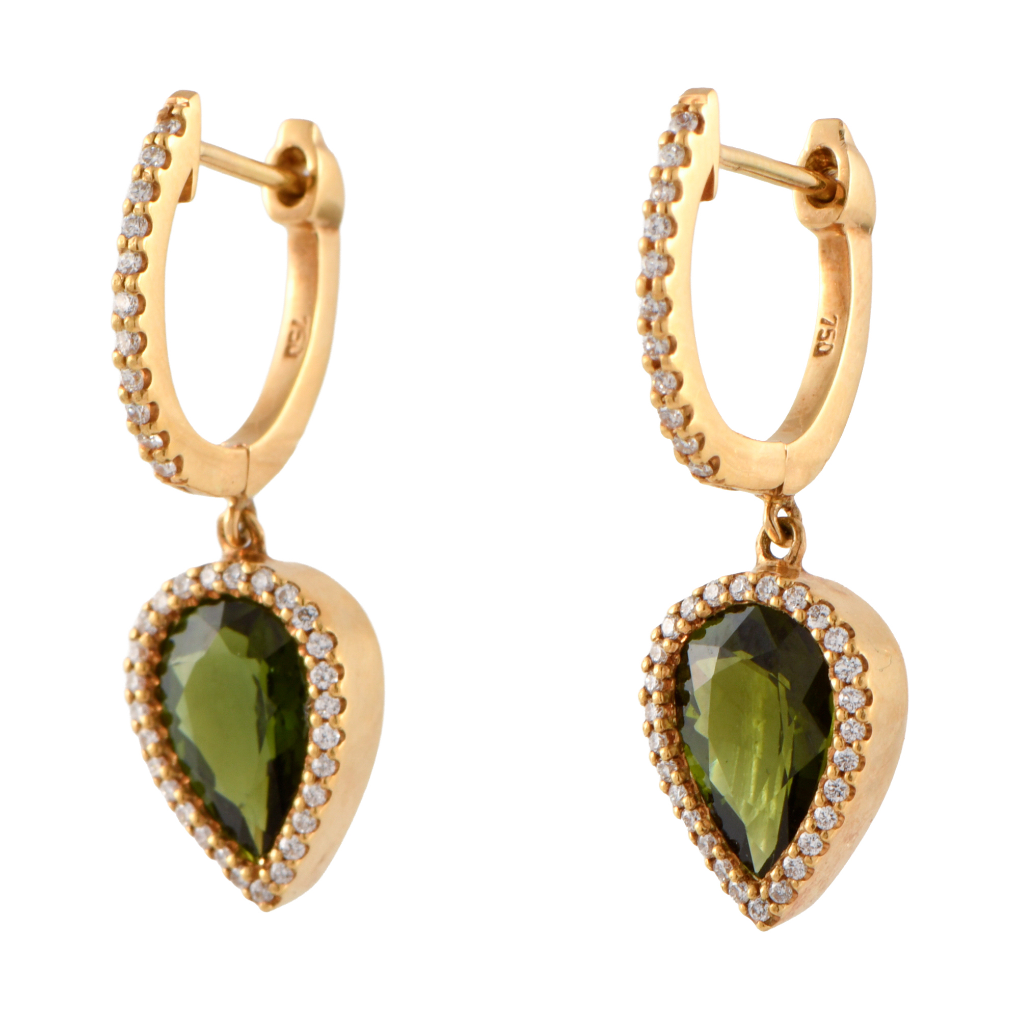 Pendientes aretes con colgantes de olivinas y diamantes.